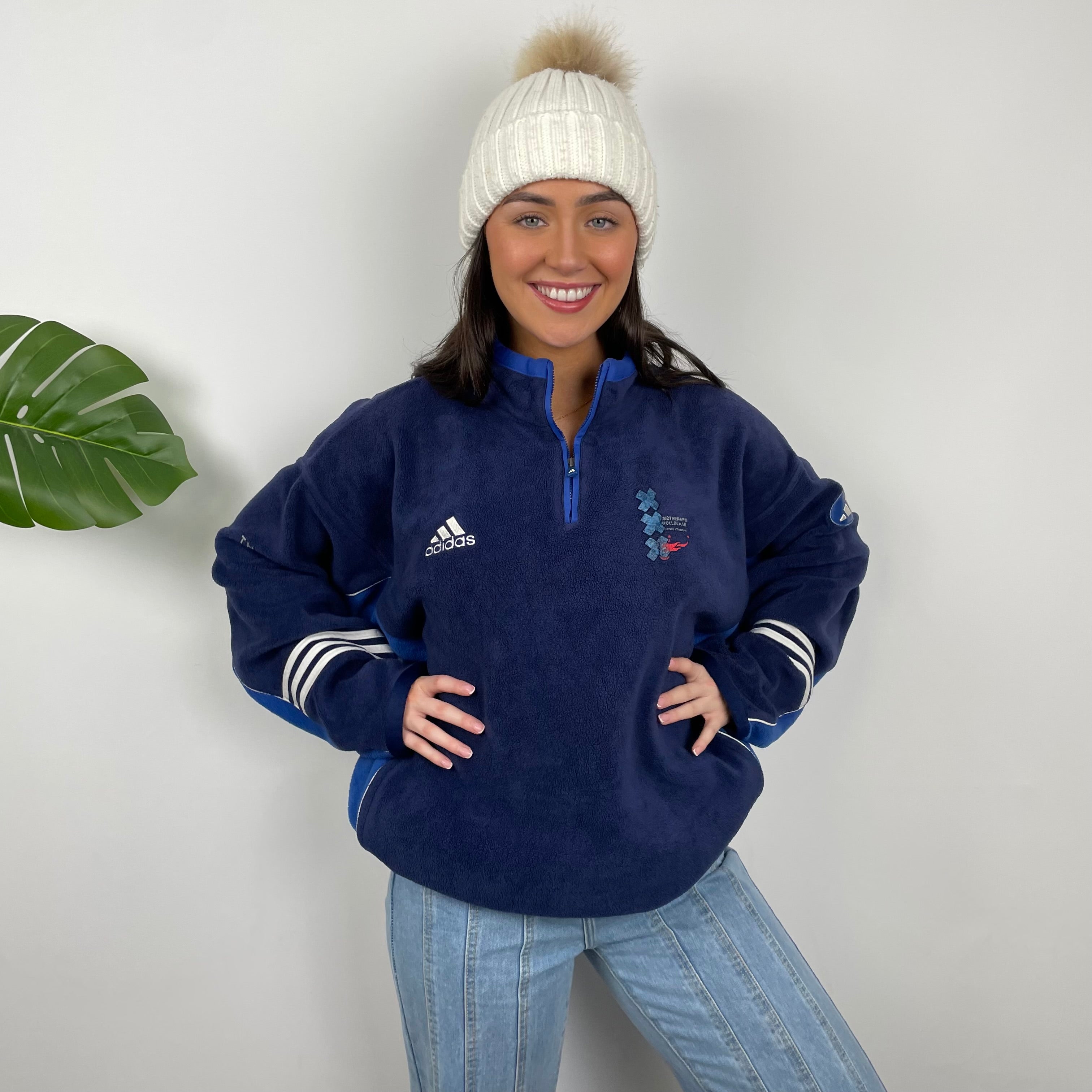 Adidas Navy Embroidered Spell Out Teddy Bear Fleece Quarter Zip Sweatshirt (L)
