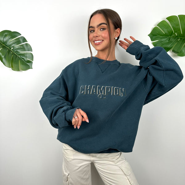 Champion Turquoise Blue Embroidered Spell Out Sweatshirt (L)