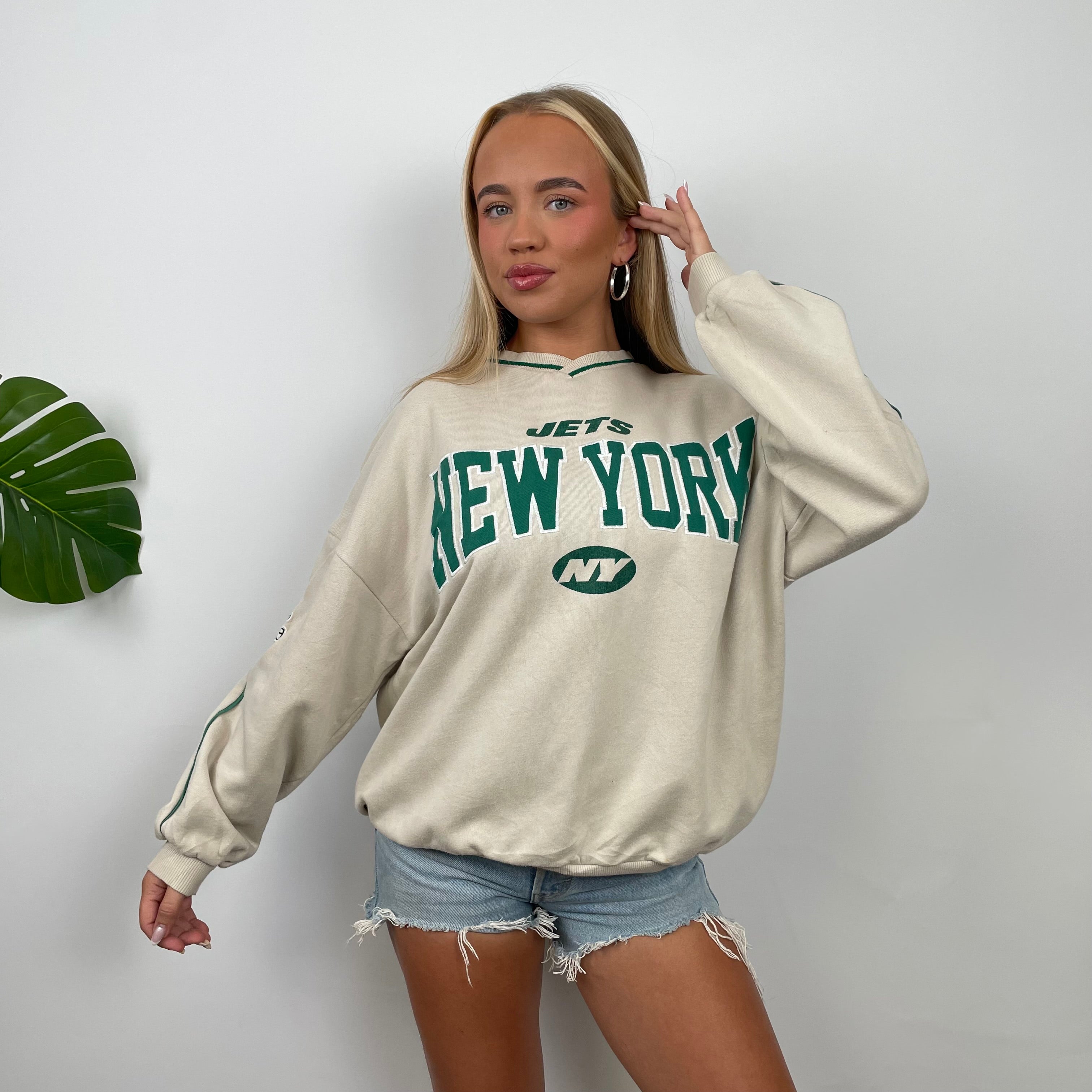 New York Jets Cream Embroidered Spell Out Sweatshirt (S)