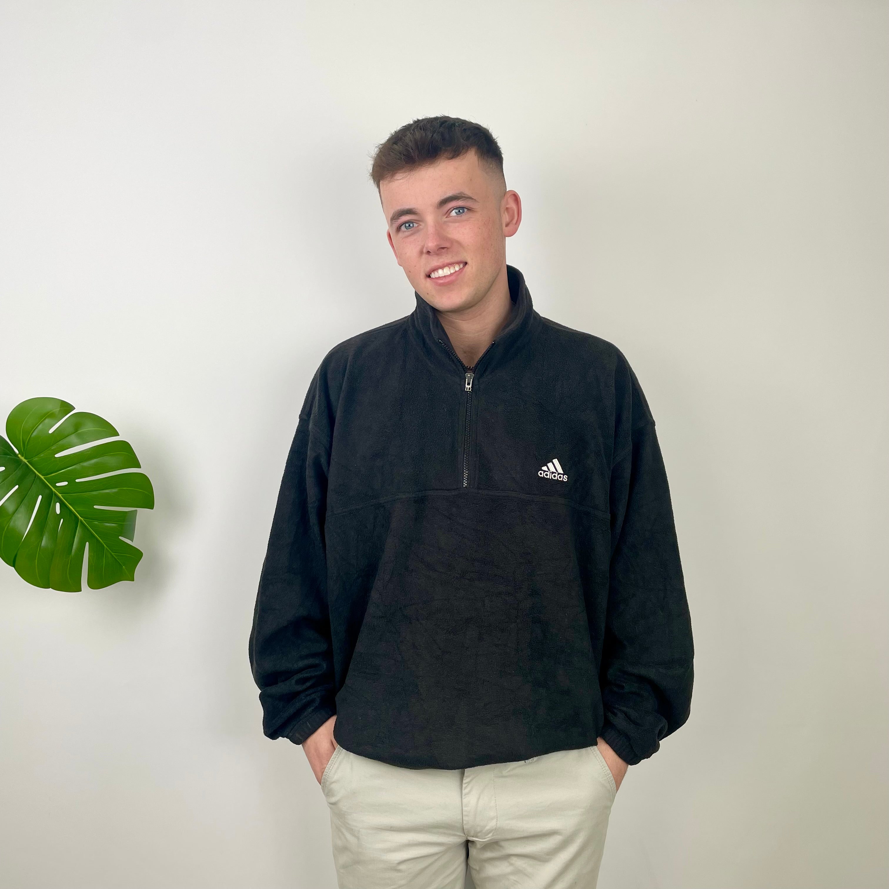 Adidas Black Embroidered Spell Out Logo Quarter Zip Fleece (XXL)
