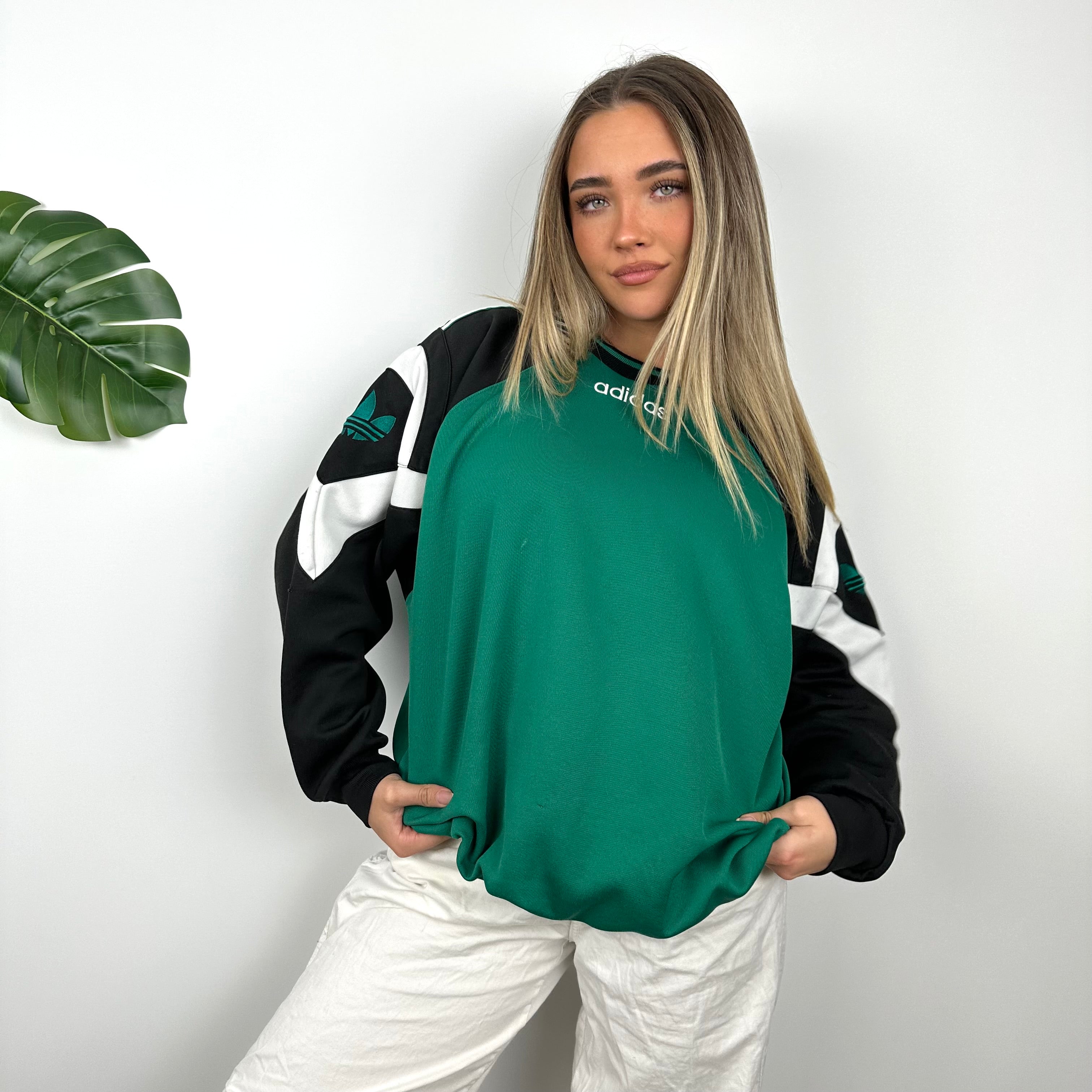 Adidas Black & Green Embroidered Spell Out Colour Block Sweatshirt (M)