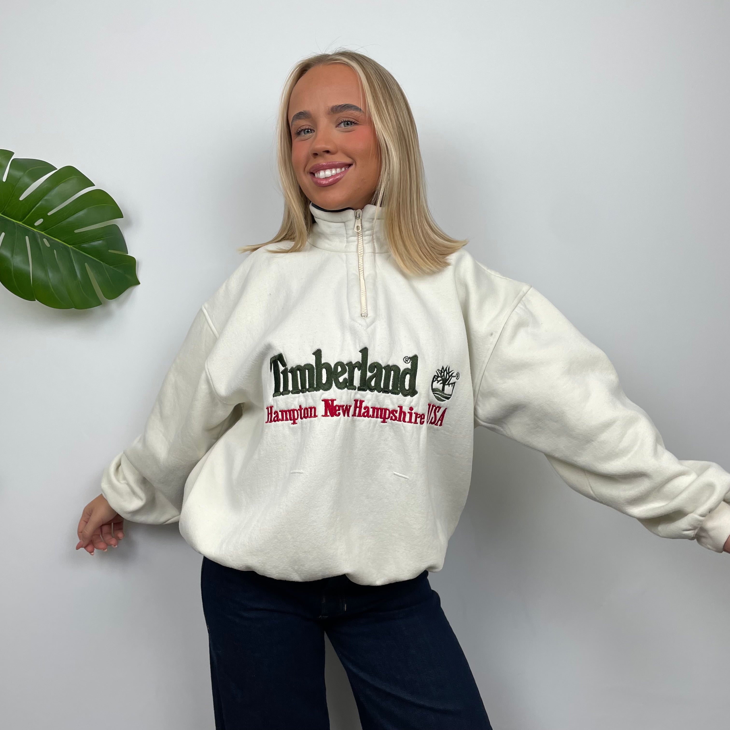 Timberland Cream Embroidered Spell Out Quarter Zip Sweatshirt (M)