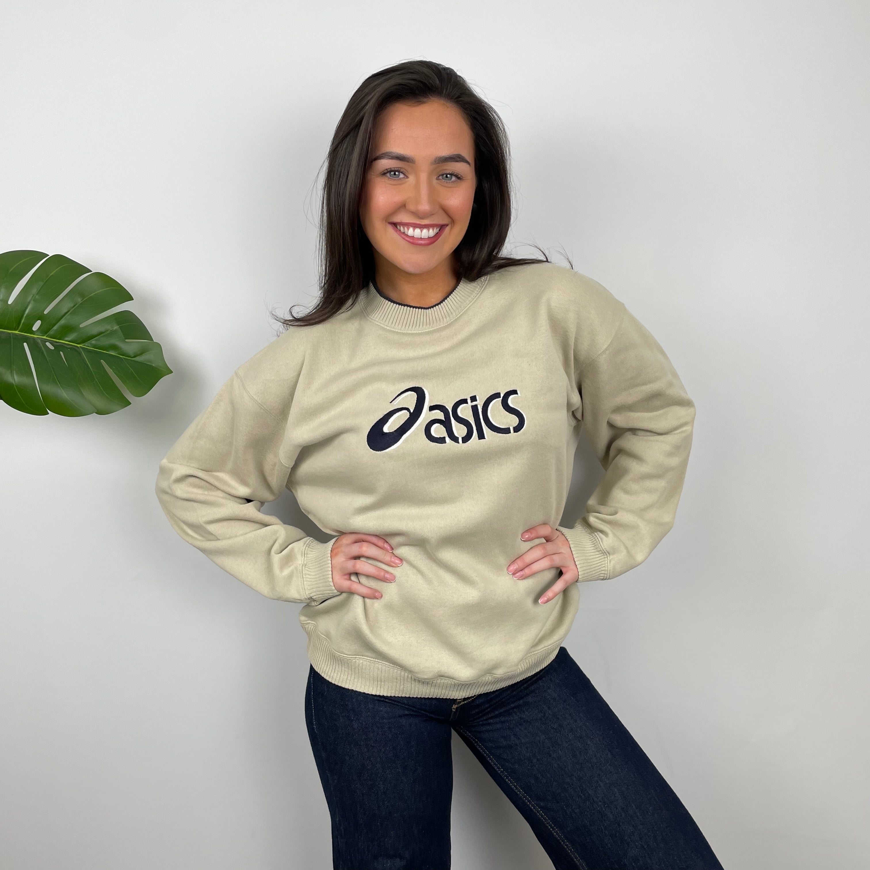 ASICS Tan Beige Embroidered Spell Out Sweatshirt (M)