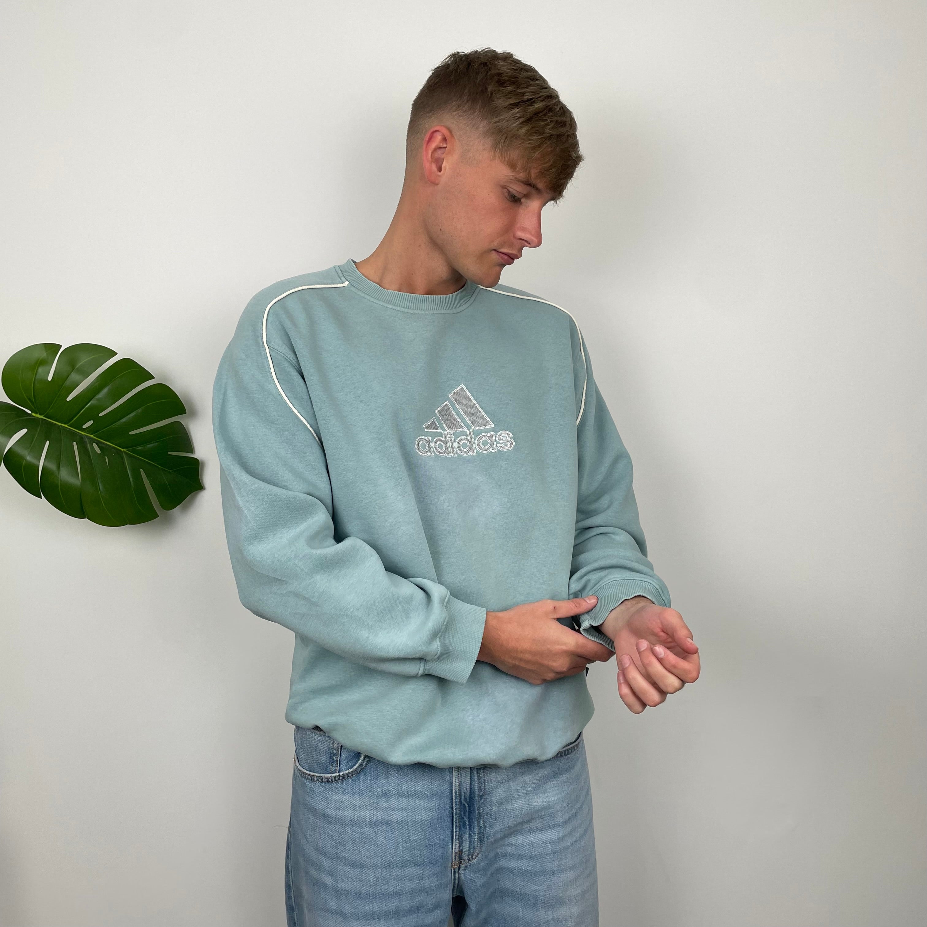 Adidas RARE Baby Blue Embroidered Spell Out Sweatshirt (XL)