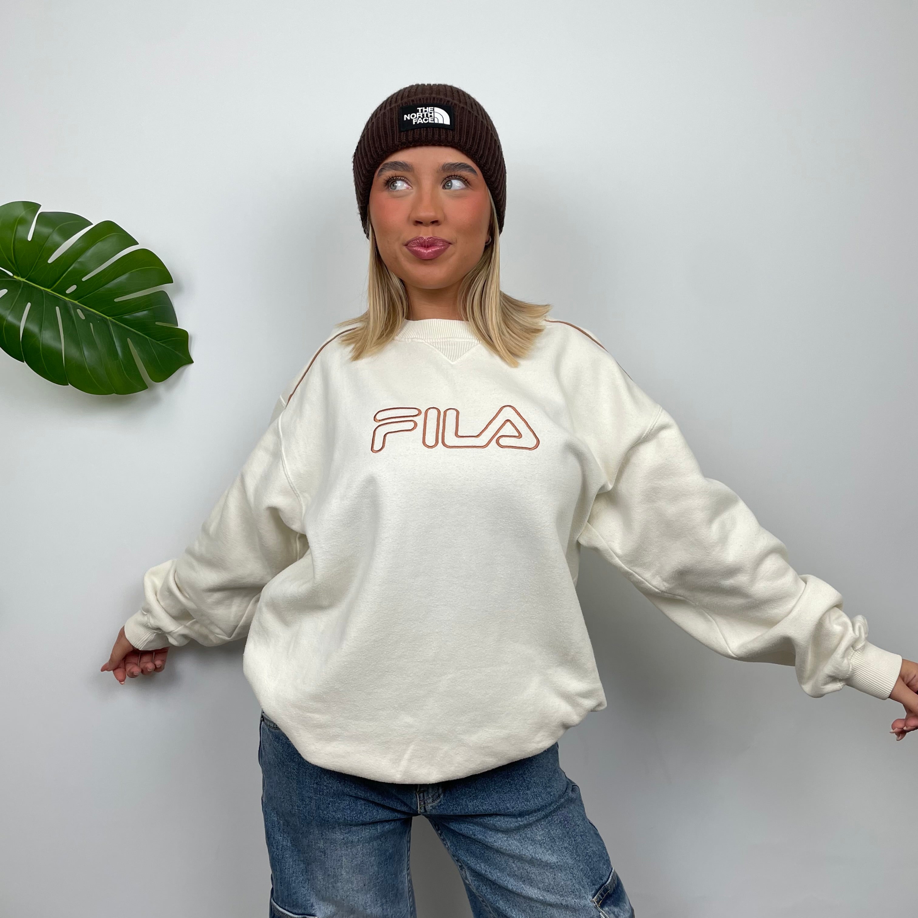 FILA Cream Embroidered Spell Out Sweatshirt (L)