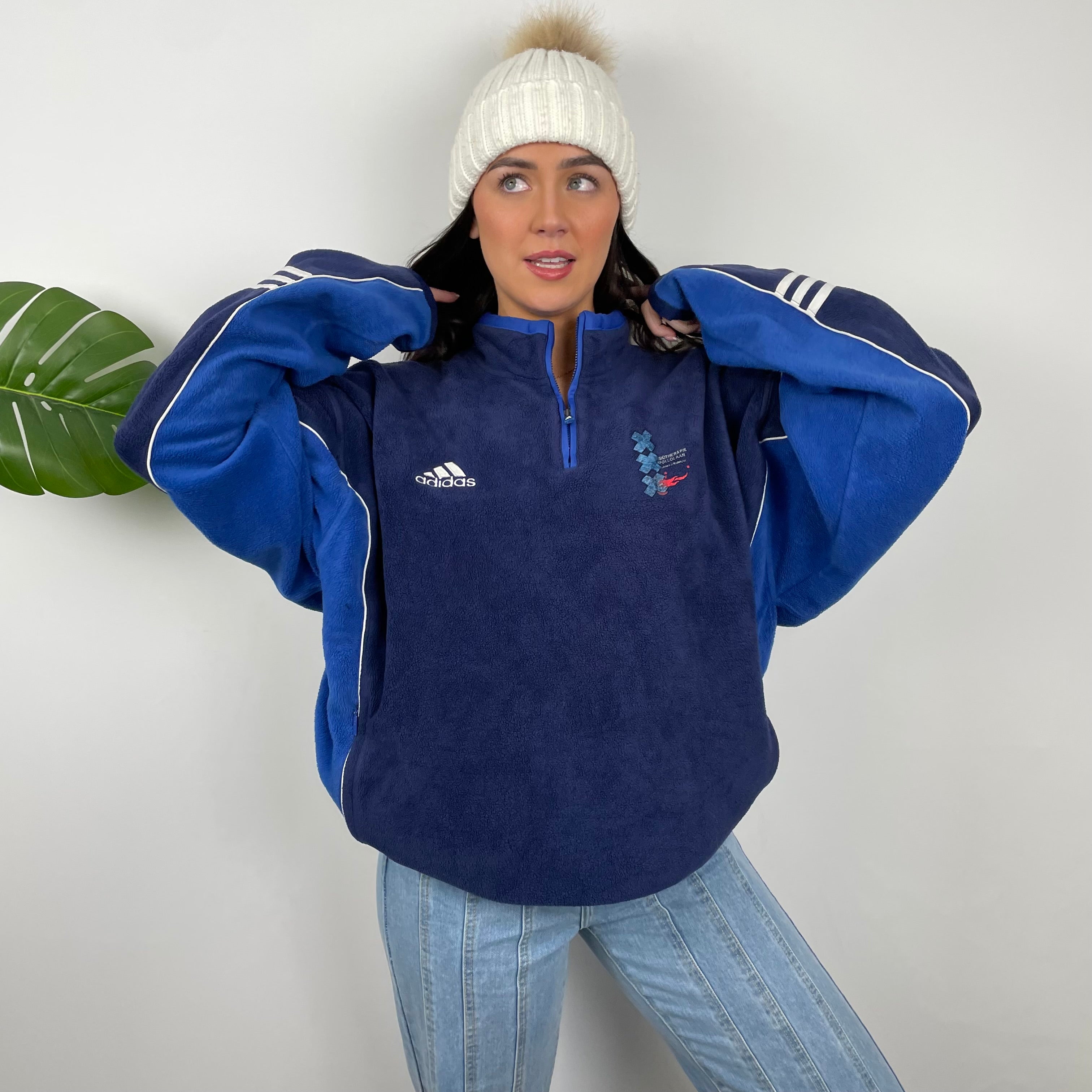 Adidas Navy Embroidered Spell Out Teddy Bear Fleece Quarter Zip Sweatshirt (L)
