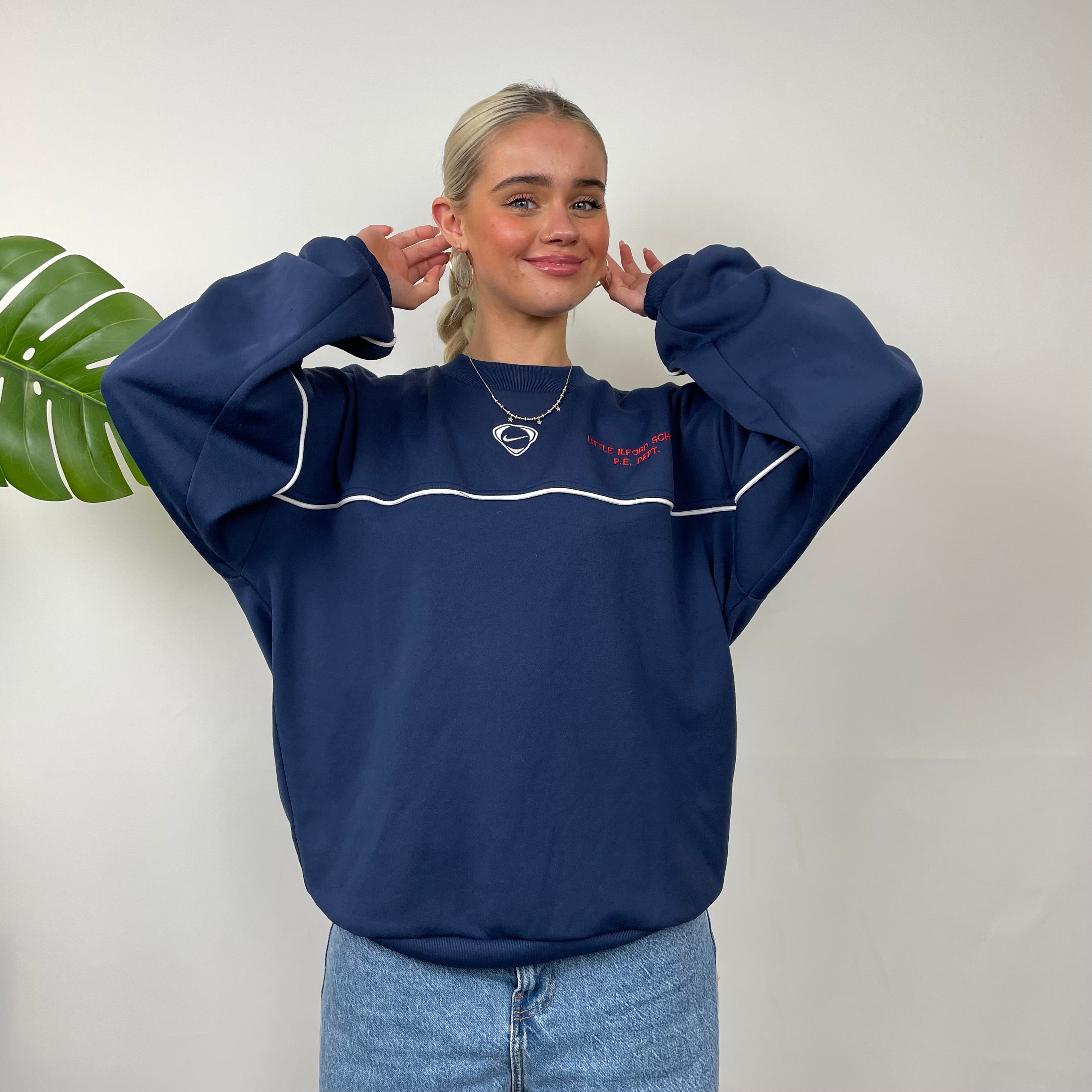 Nike RARE Navy Embroidered Swoosh Sweatshirt (M)