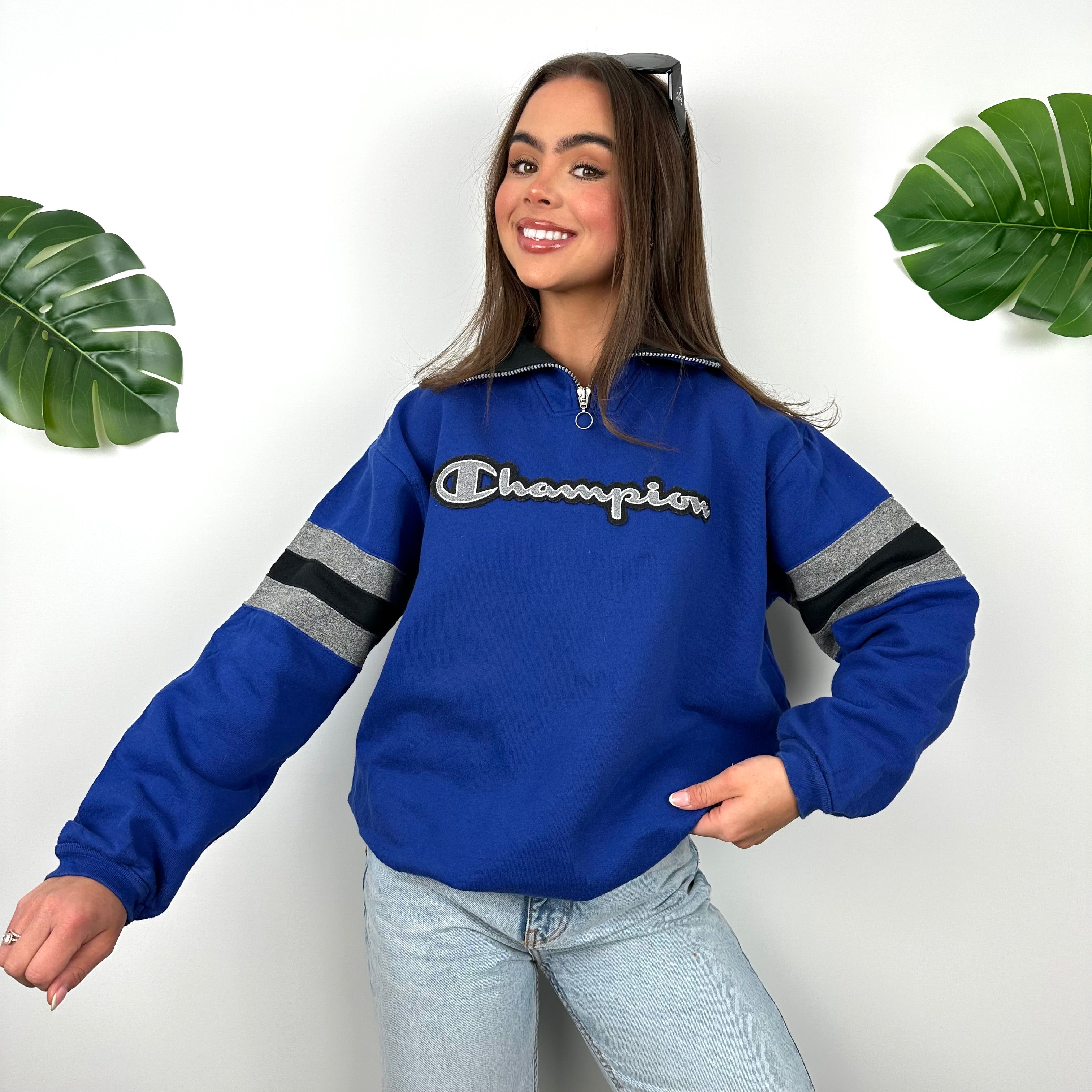 Champion Blue Embroidered Spell Out Quarter Zip Sweatshirt (S)