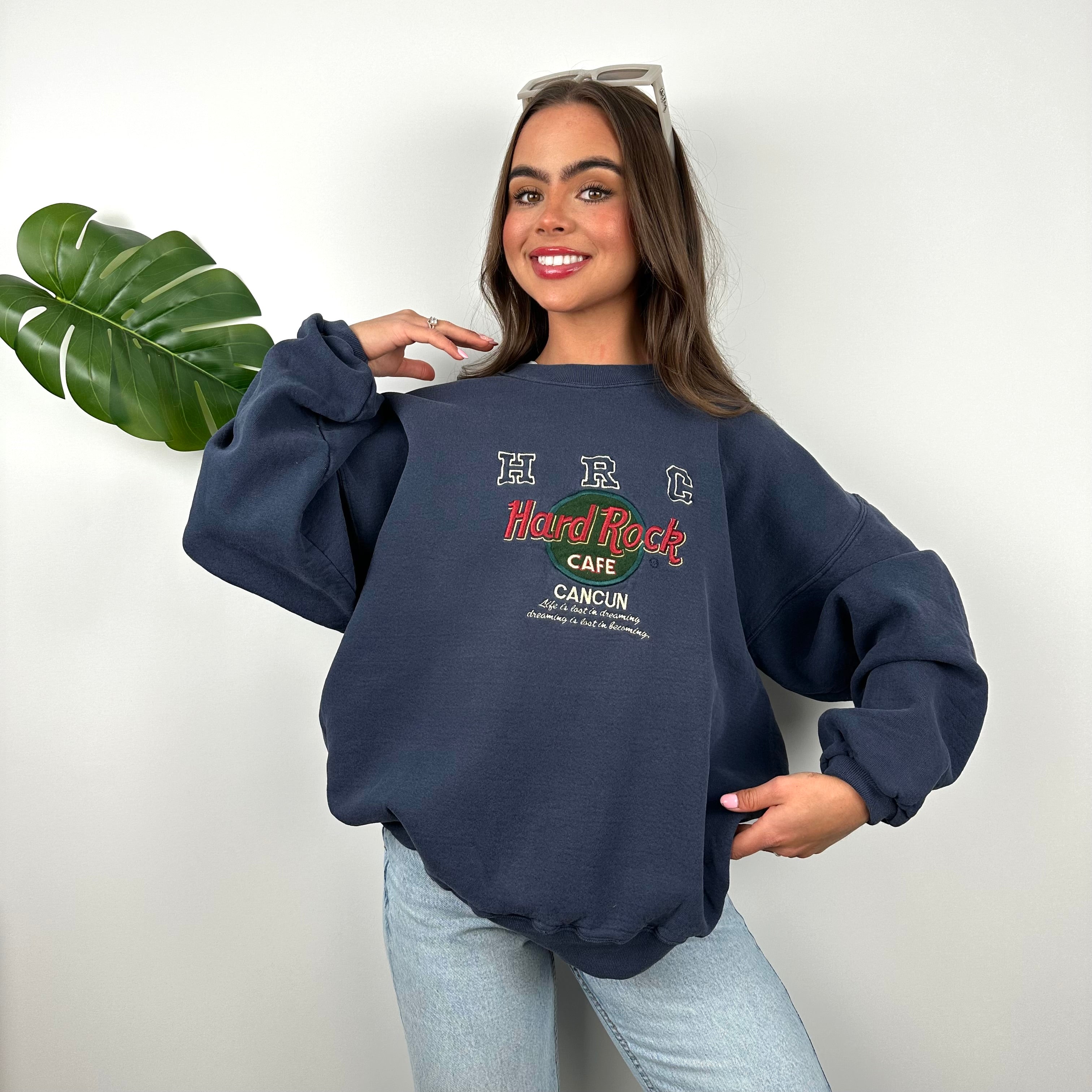 Hard Rock Cafe Cancun Navy Embroidered Spell Out Sweatshirt (L)