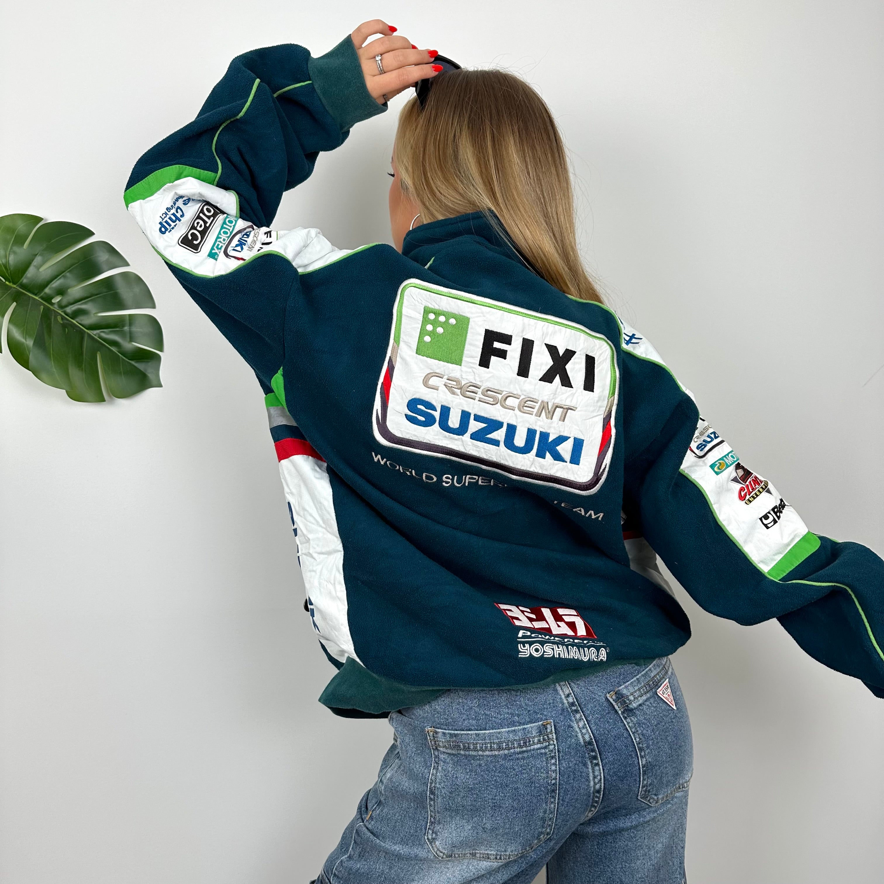 Suzuki Racing RARE Turquoise Embroidered Spell Out Zip Up Hoodie Jacket (L)