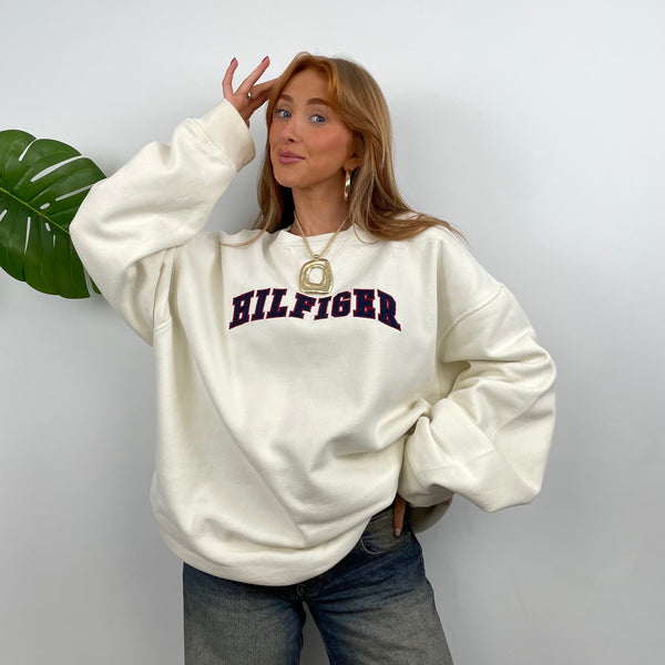 Tommy Hilfiger Cream Embroidered Spell Out Sweatshirt (L)