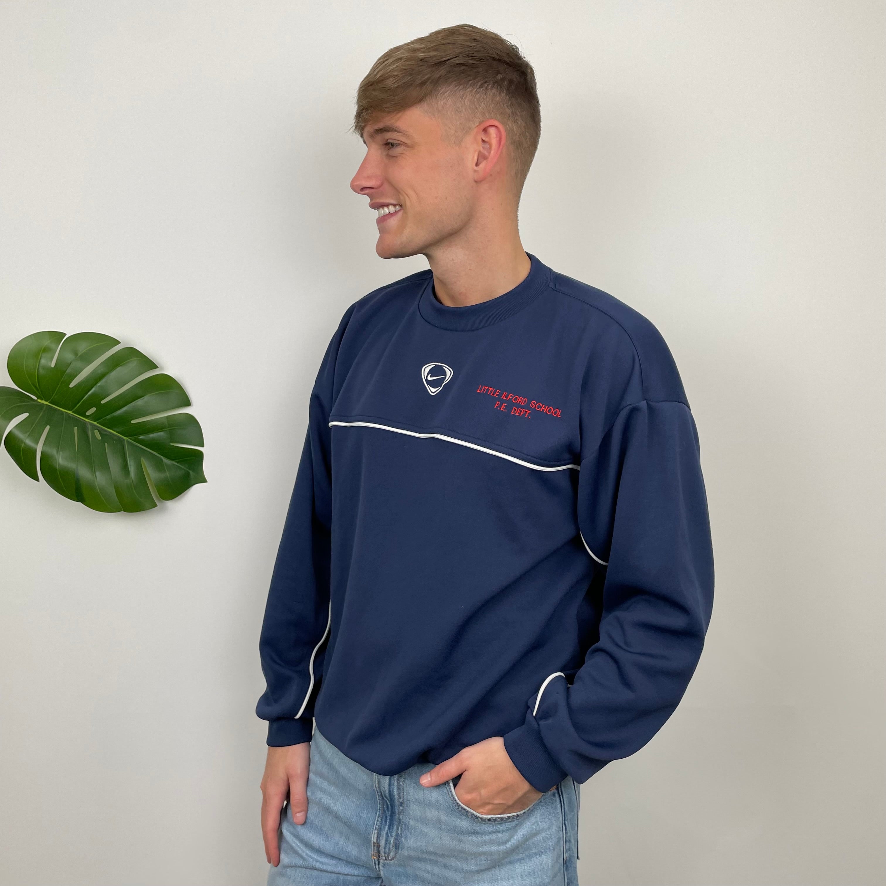 Nike RARE Navy Embroidered Swoosh Sweatshirt (M)