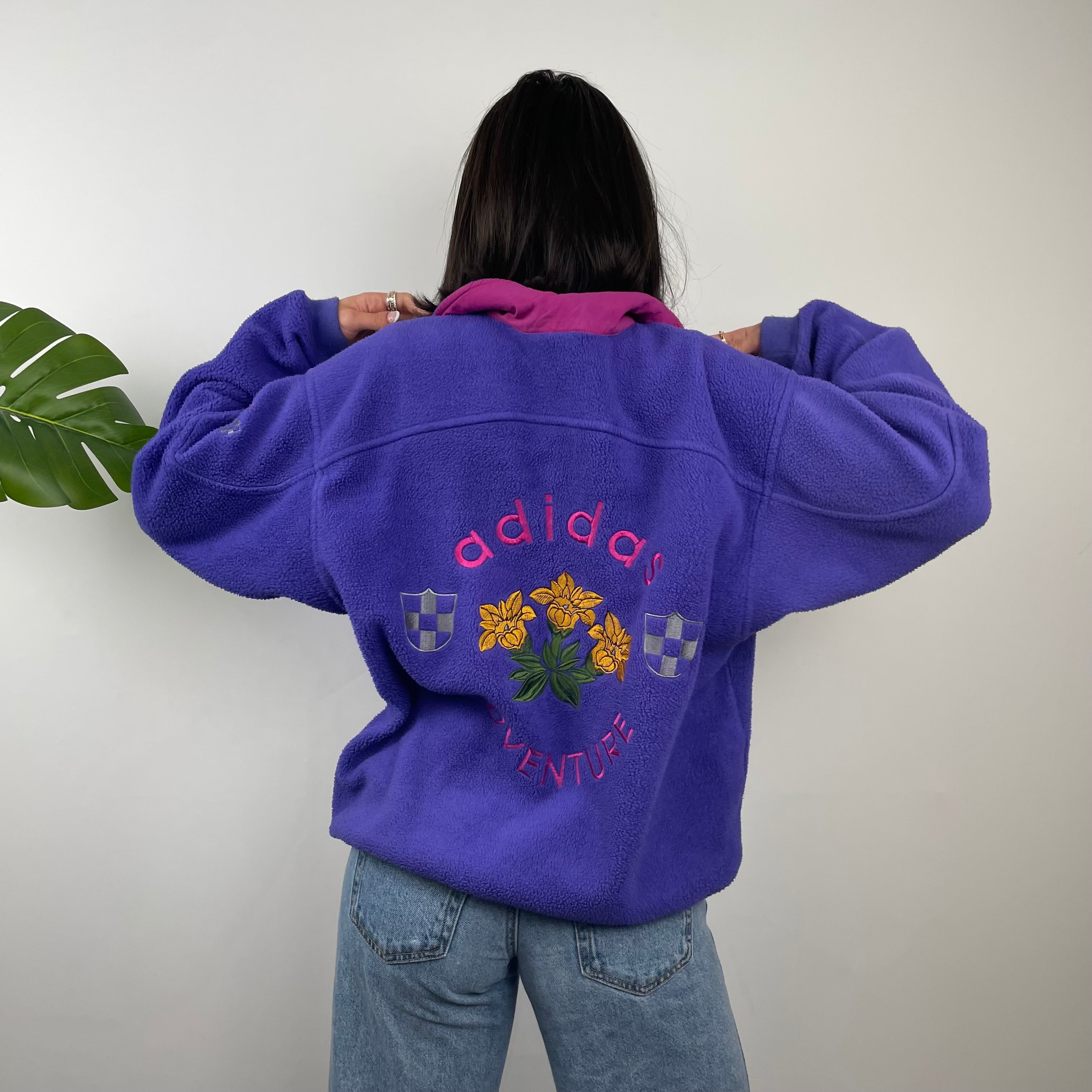 Adidas Adventure RARE Purple Embroidered Spell Out Teddy Bear Fleece Button Sweatshirt (M)