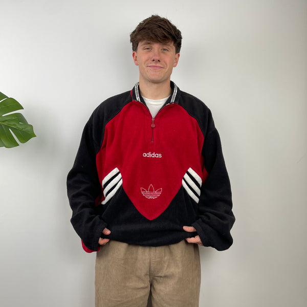Adidas Red Colour Block Embroidered Spell Out Teddy Bear Fleece Quarter Zip Sweatshirt (L)