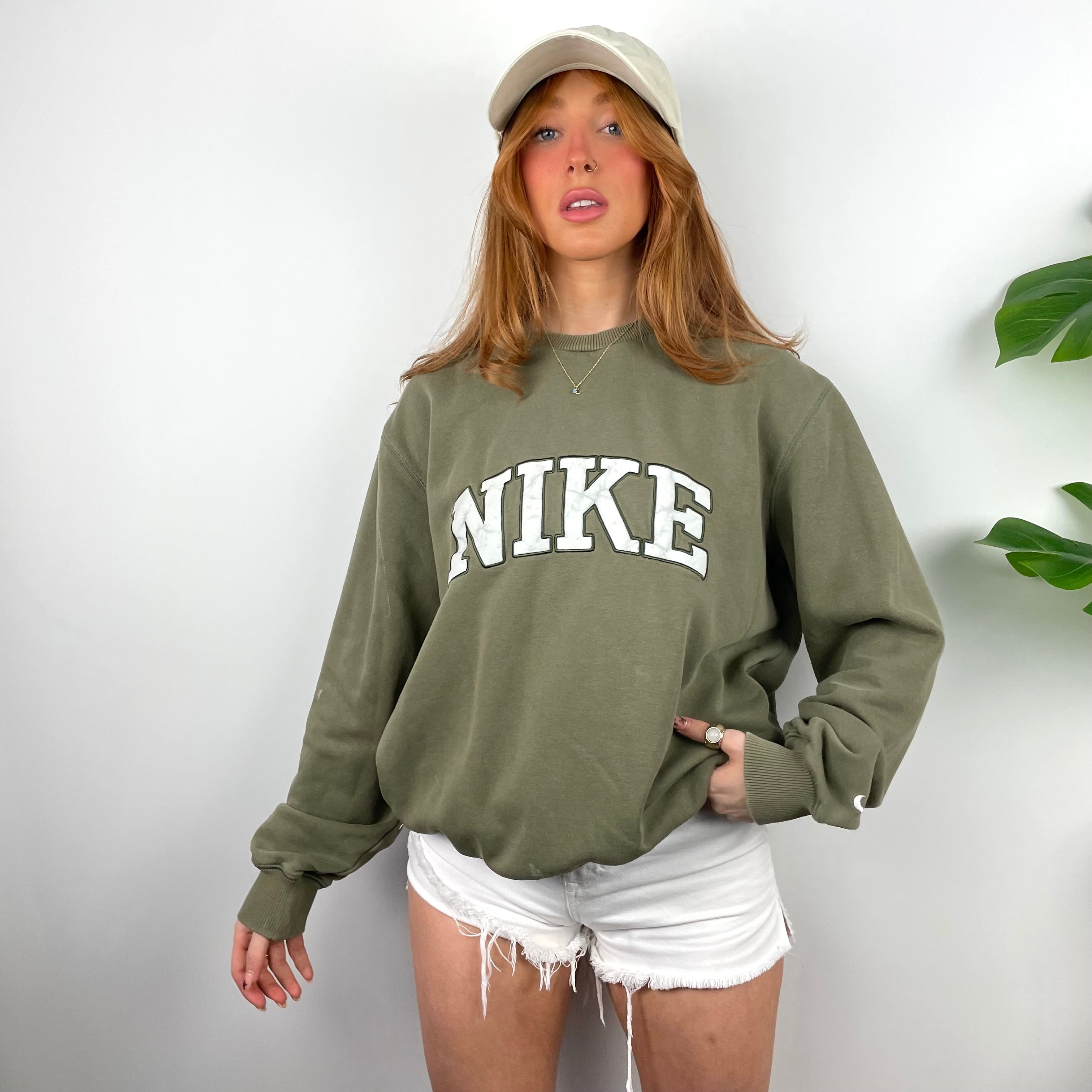 Nike Khaki Green Embroidered Spell Out Sweatshirt (M)