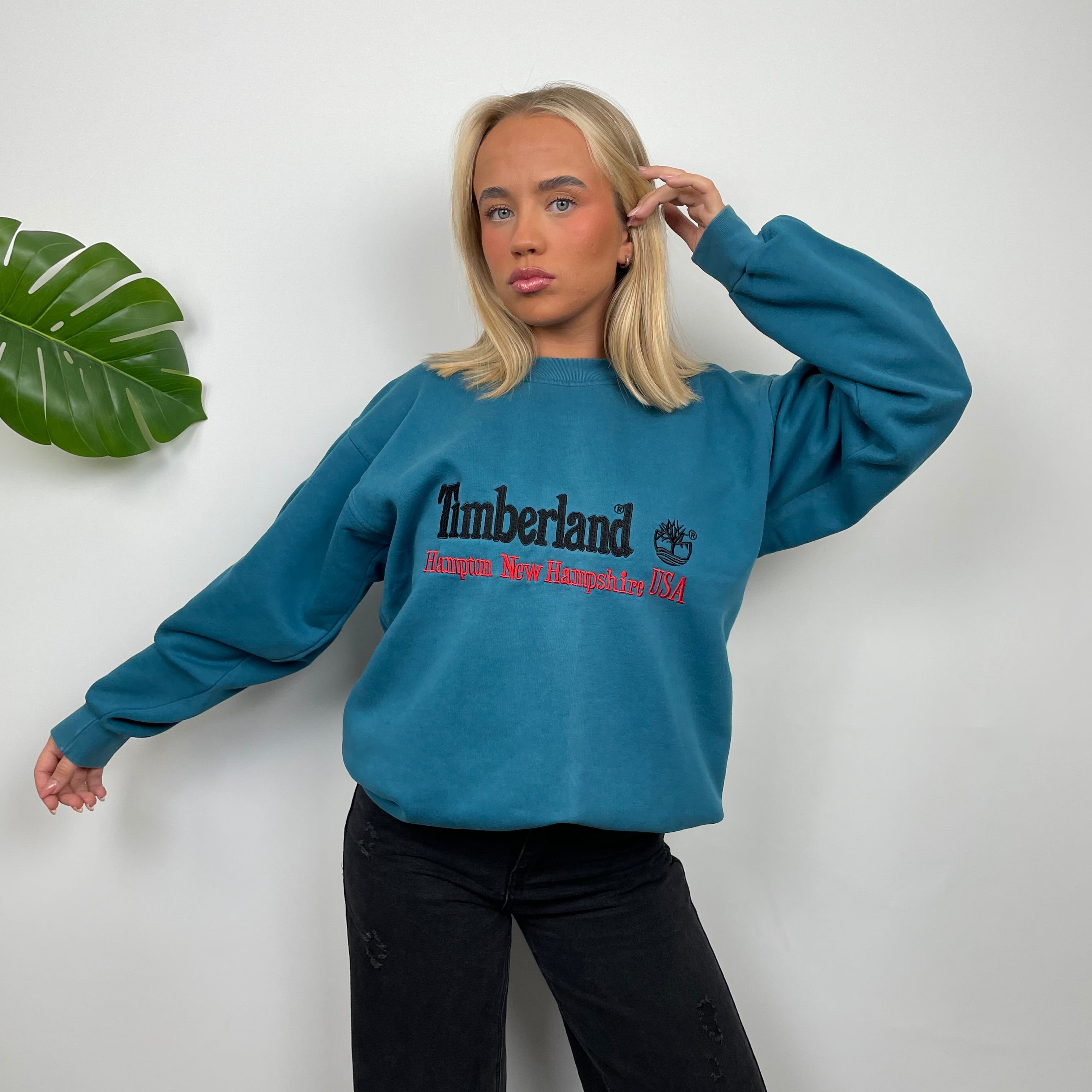 Timberland RARE Turquoise Blue Embroidered Spell Out Sweatshirt (L)