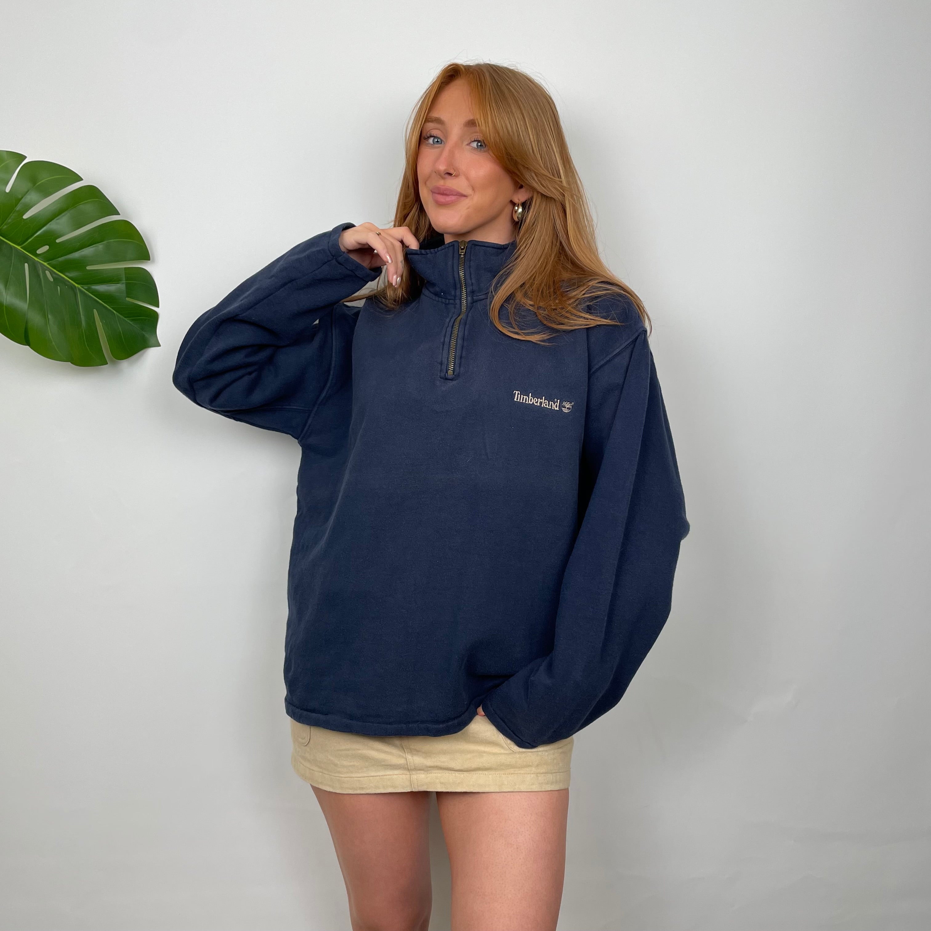 Timberland Navy Embroidered Spell Out Quarter Zip Sweatshirt (S)