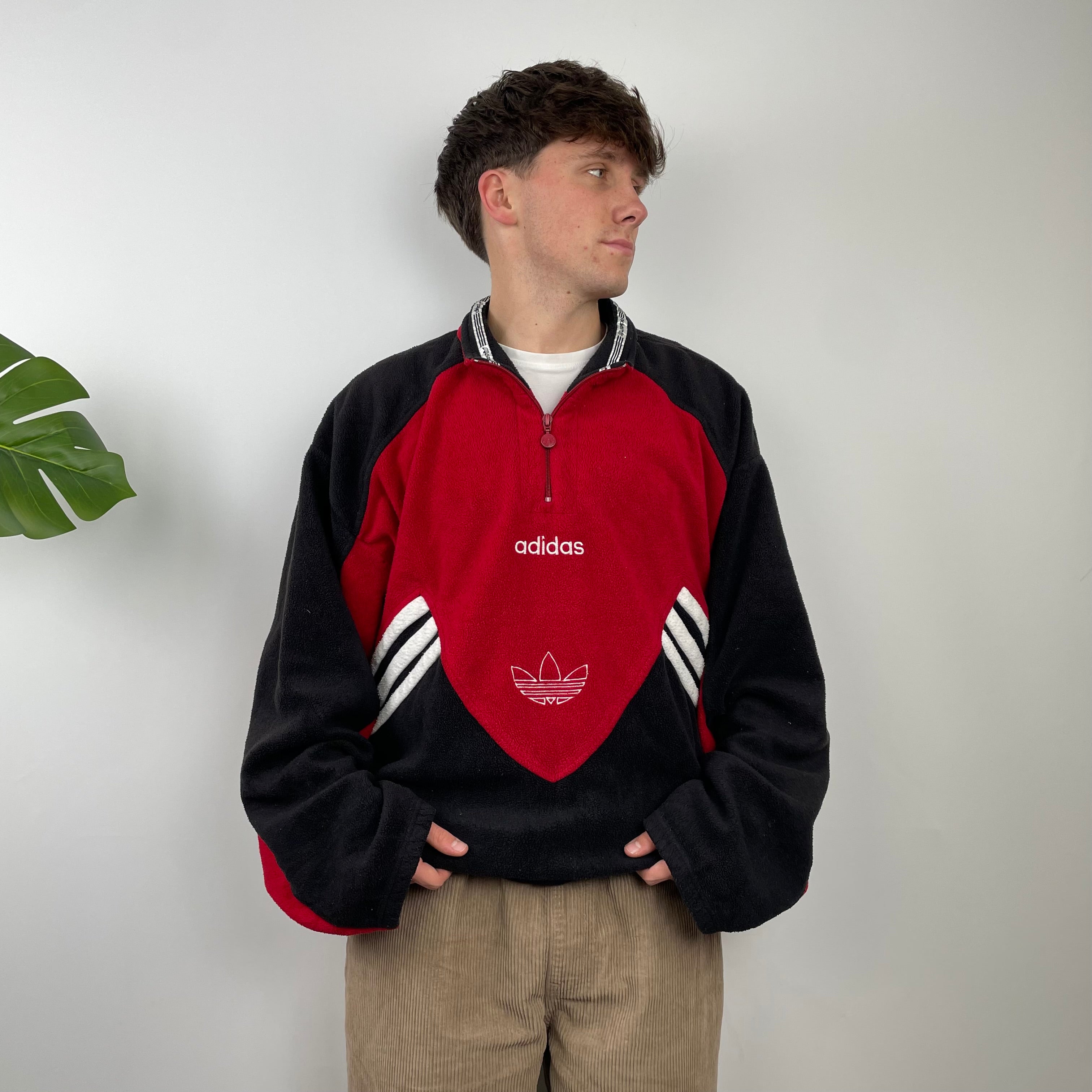 Adidas Red Colour Block Embroidered Spell Out Teddy Bear Fleece Quarter Zip Sweatshirt (L)