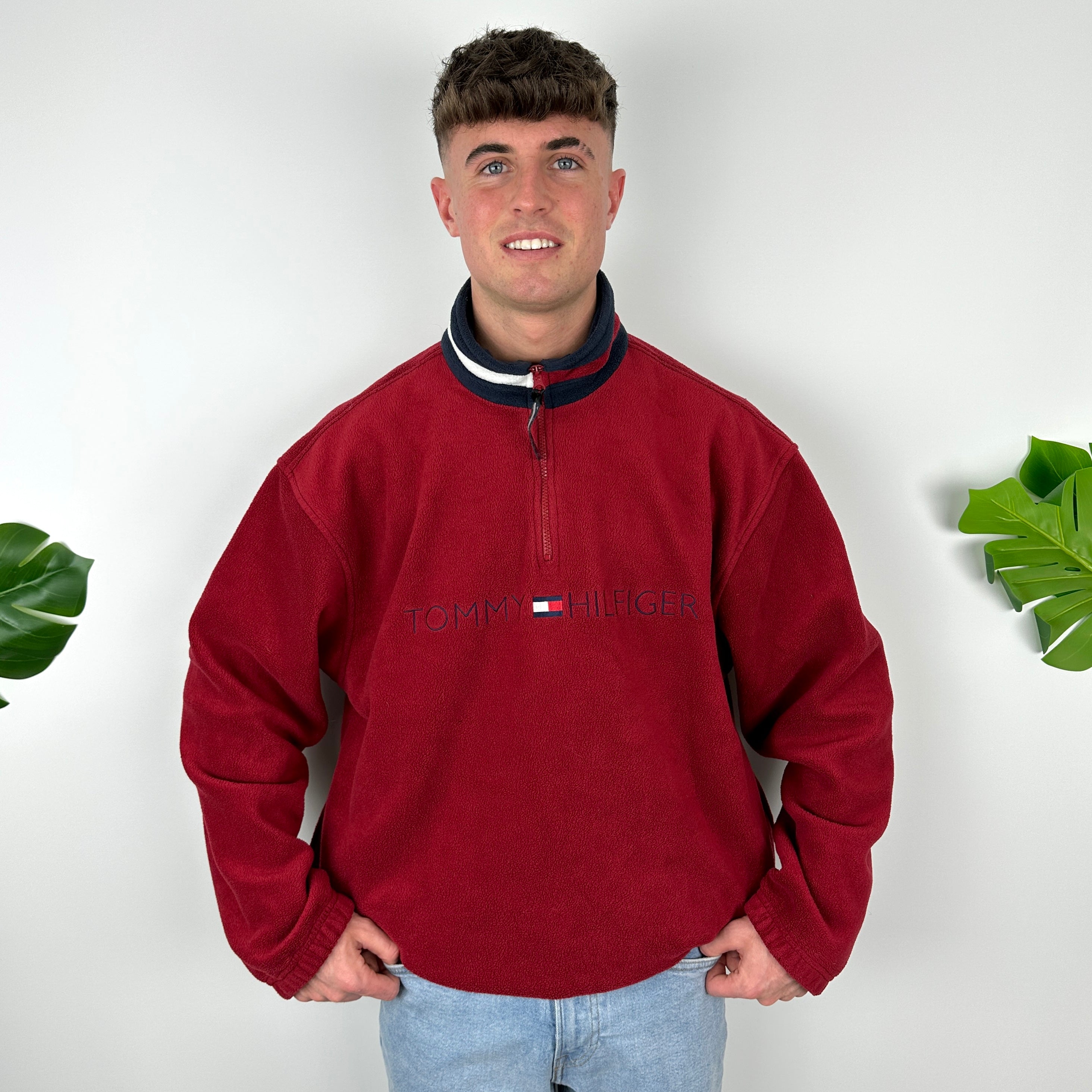 Tommy Hilfiger Red Embroidered Spell Out Teddy Bear Fleece Quarter Zip Sweatshirt (XL)