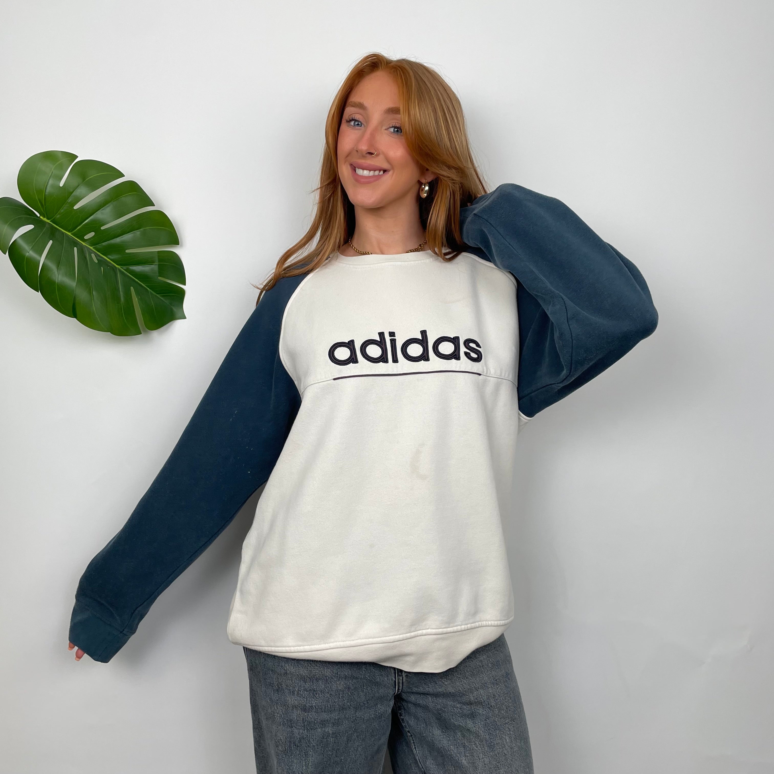 Adidas White Embroidered Spell Out Sweatshirt (M)