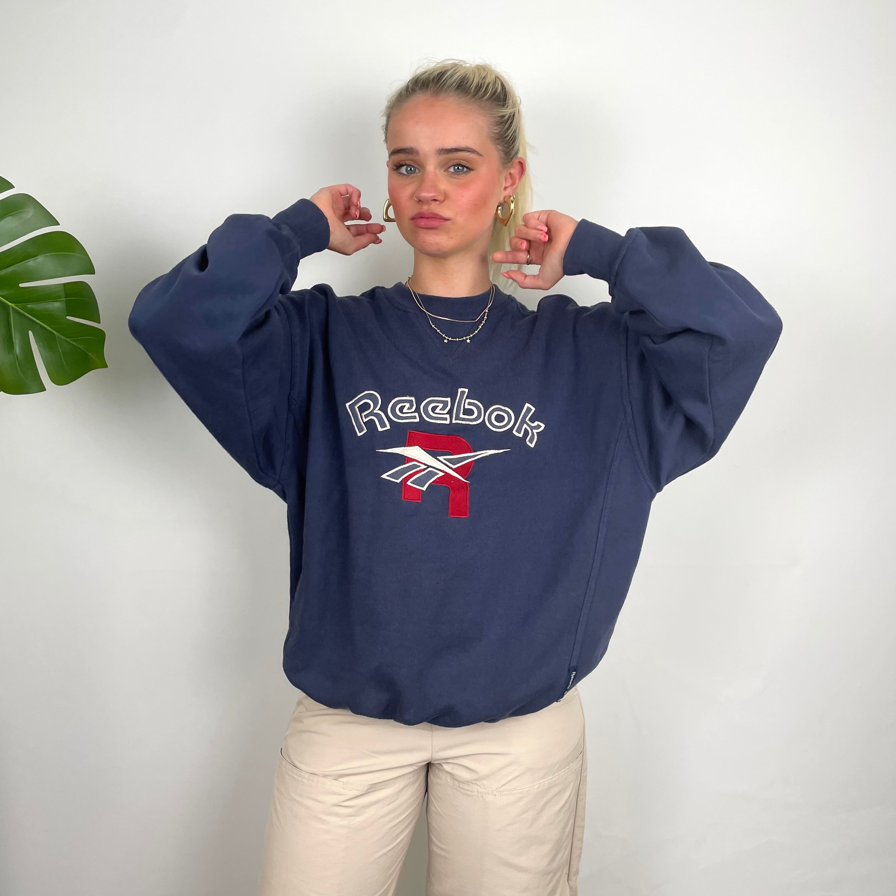 Reebok RARE Navy Embroidered Spell Out Sweatshirt (M)