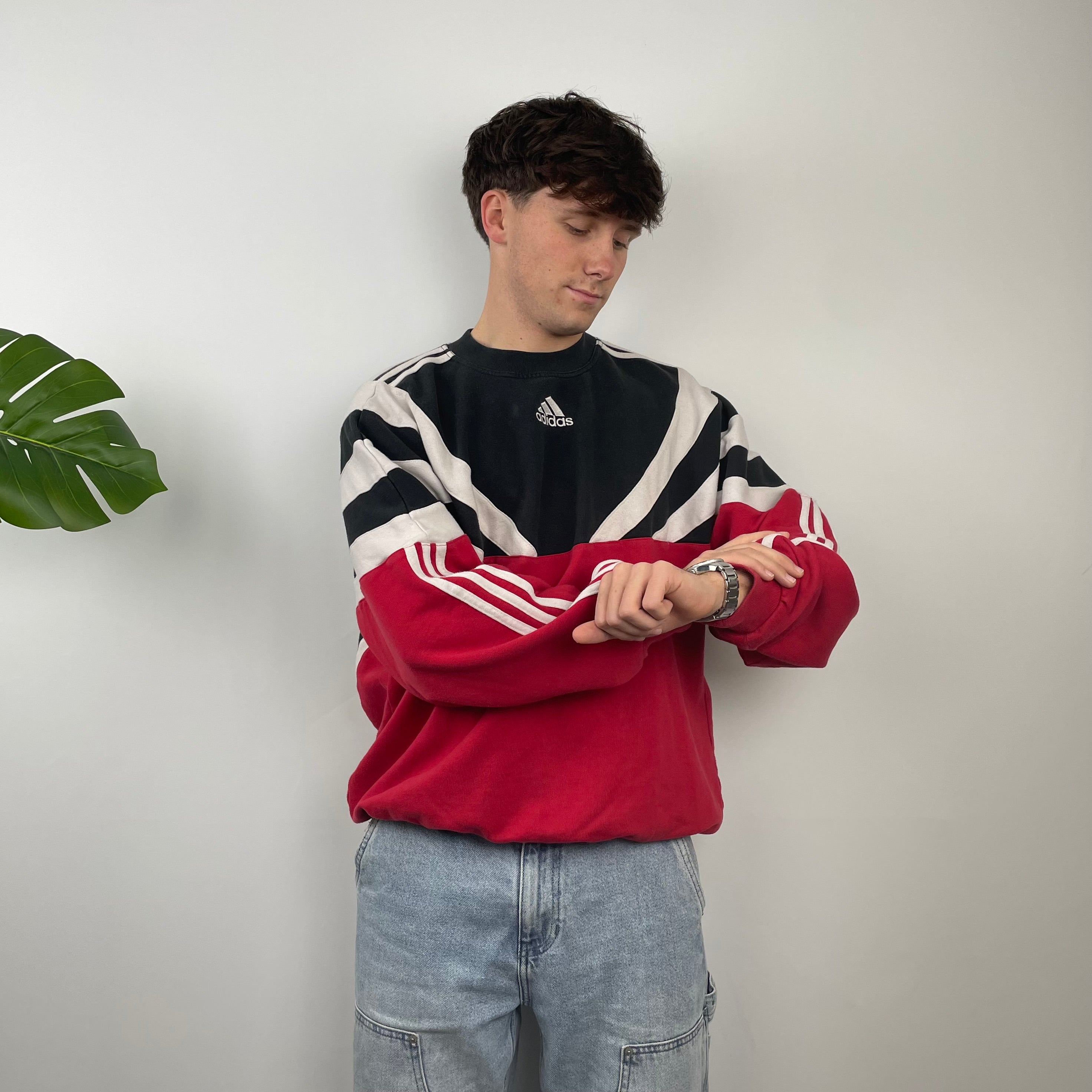 Adidas RARE Red & Black Colour Block Embroidered Spell Out Sweatshirt (M)