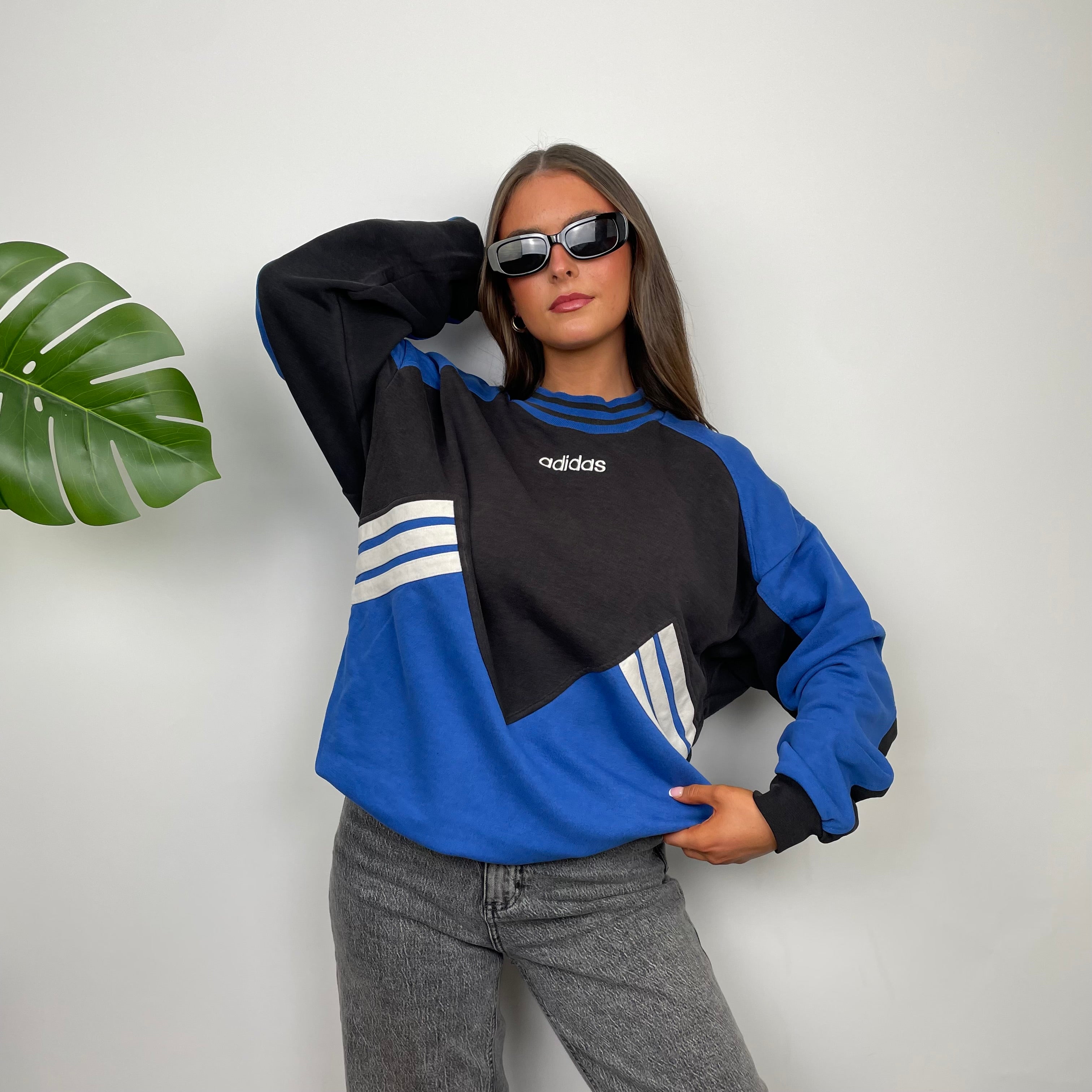 Adidas Black & Blue Embroidered Spell Out Colour Block Sweatshirt (L)