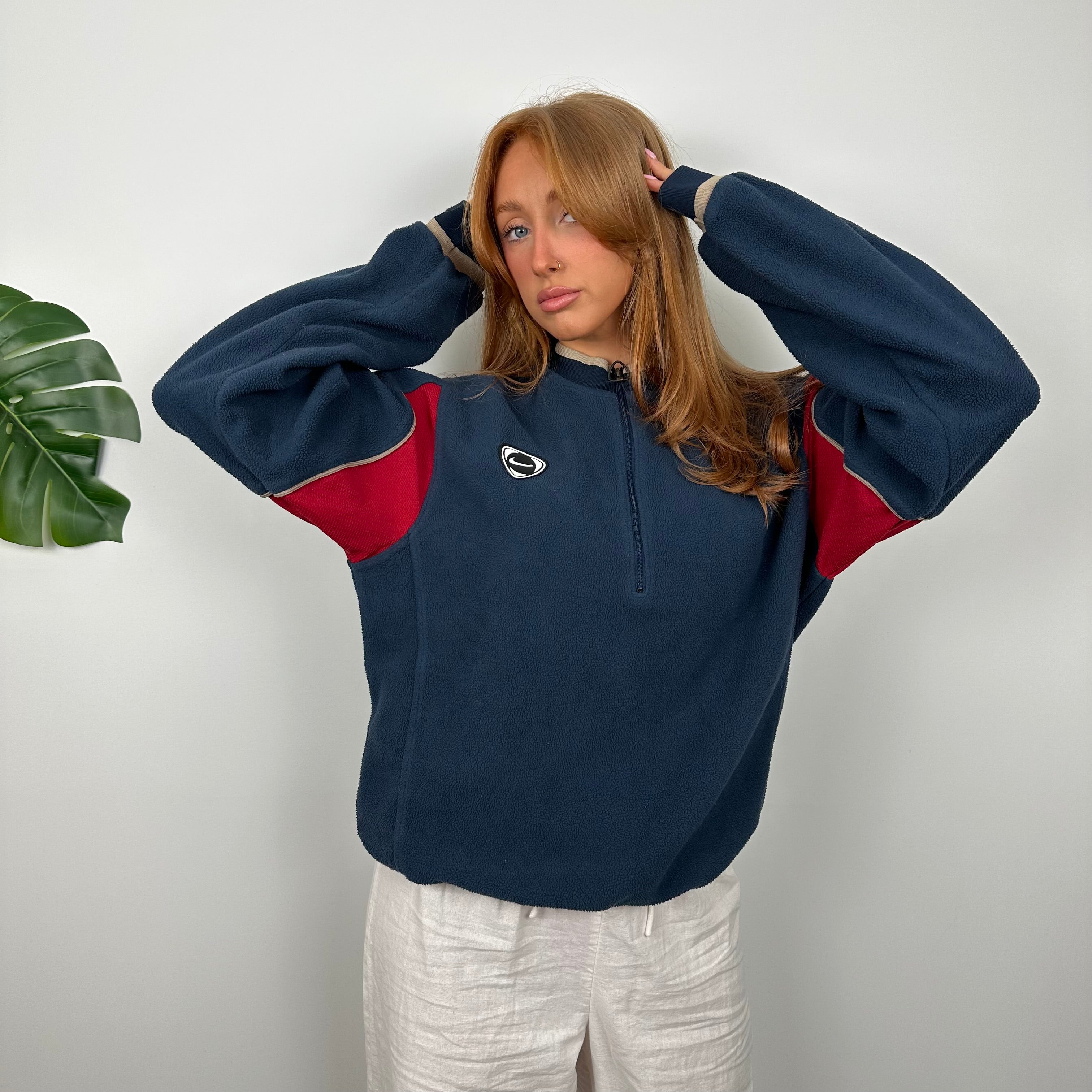 Nike Navy Embroidered Swoosh Teddy Bear Fleece Quarter Zip Sweatshirt (M)