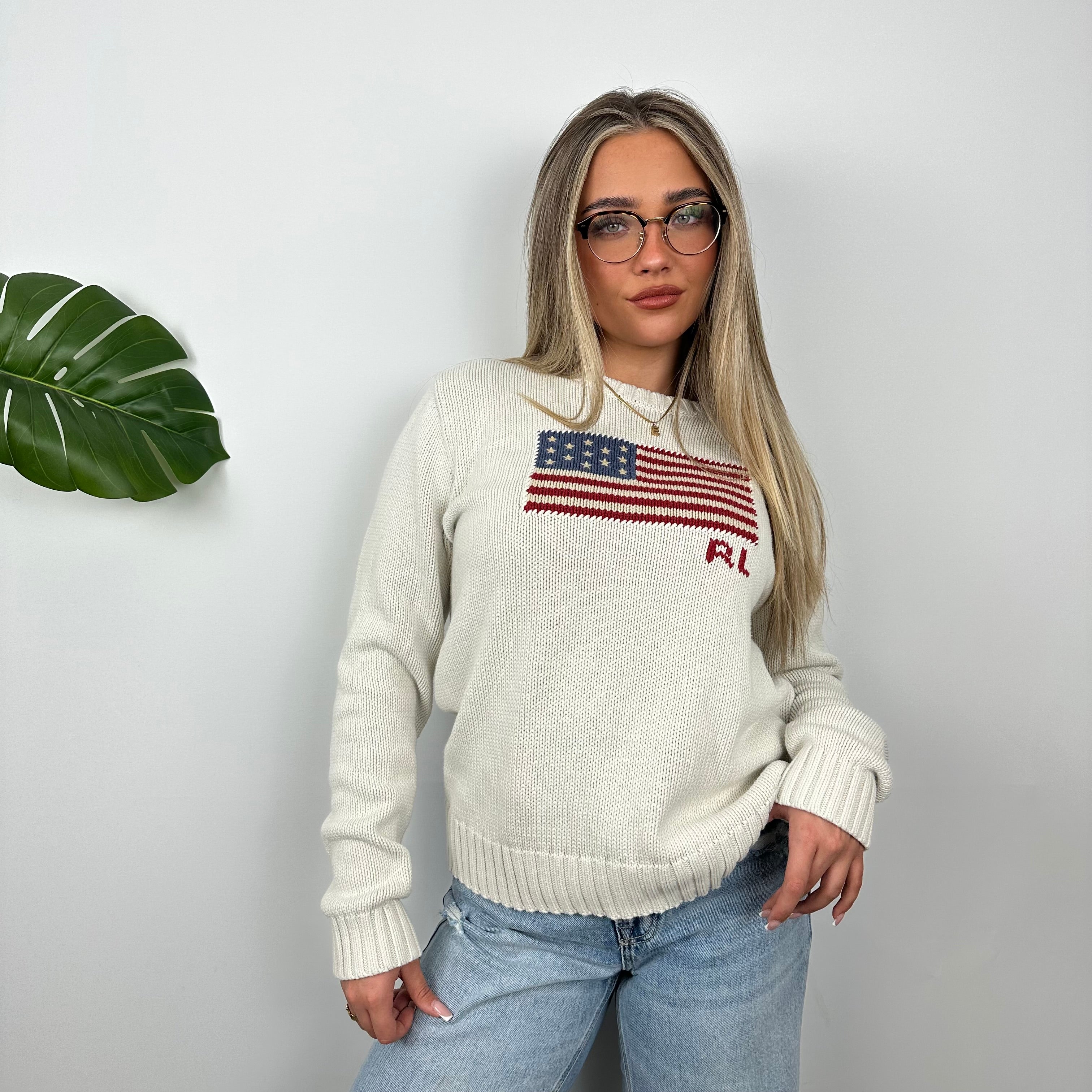 Polo Ralph Lauren White Embroidered Spell Out Knitted Sweater (M)