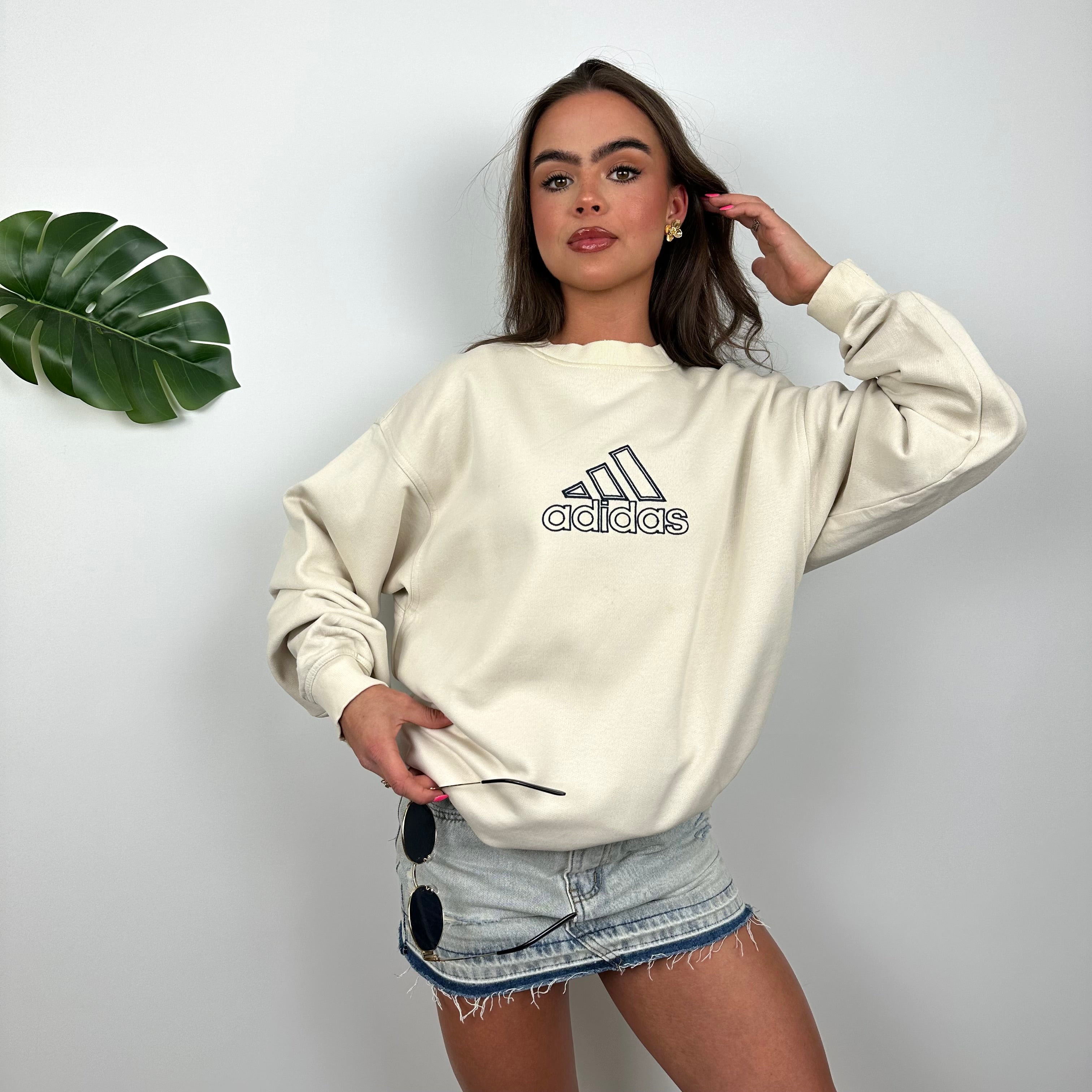 Adidas Cream Embroidered Spell Out Sweatshirt (XL)