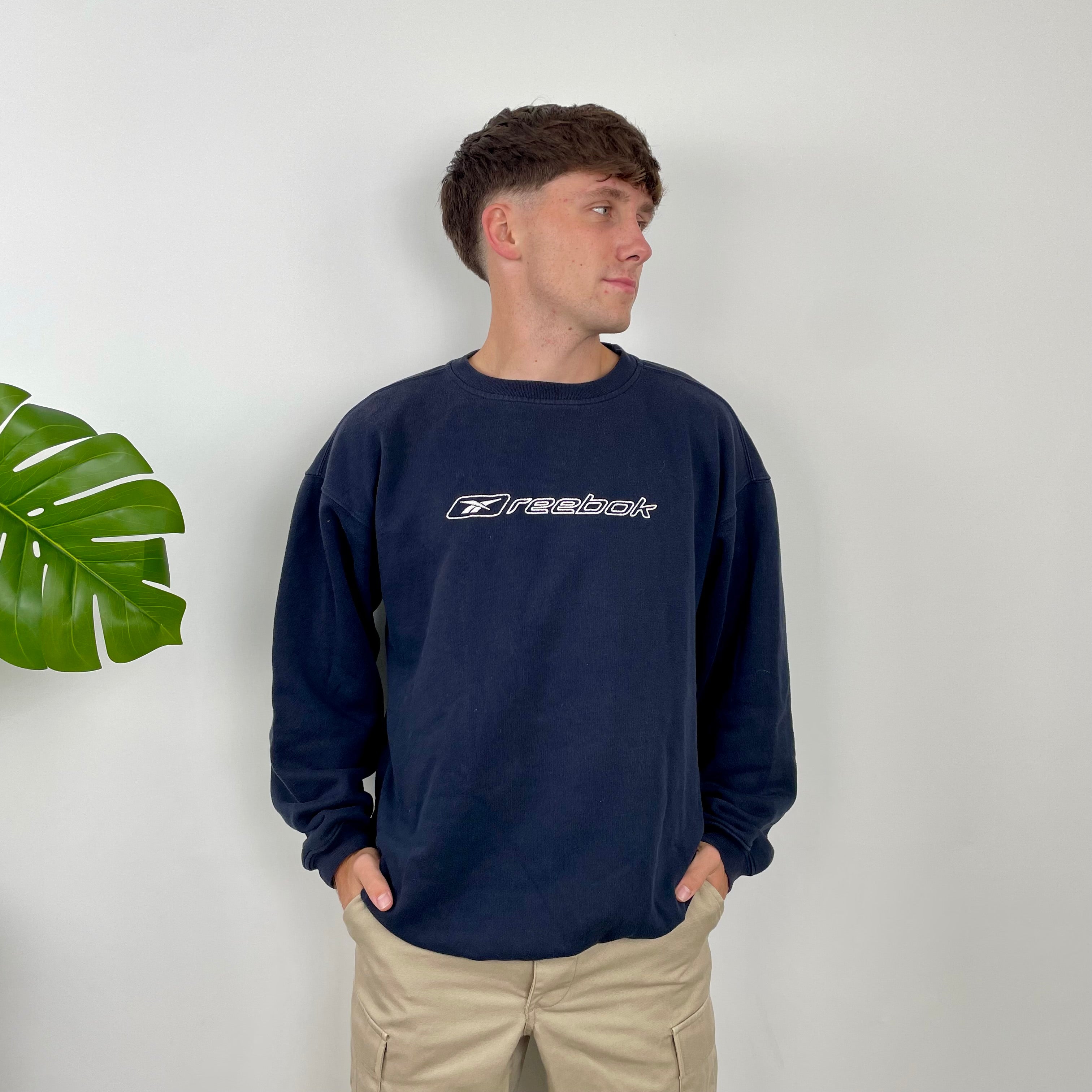 Reebok Navy Embroidered Spell Out Sweatshirt (L)