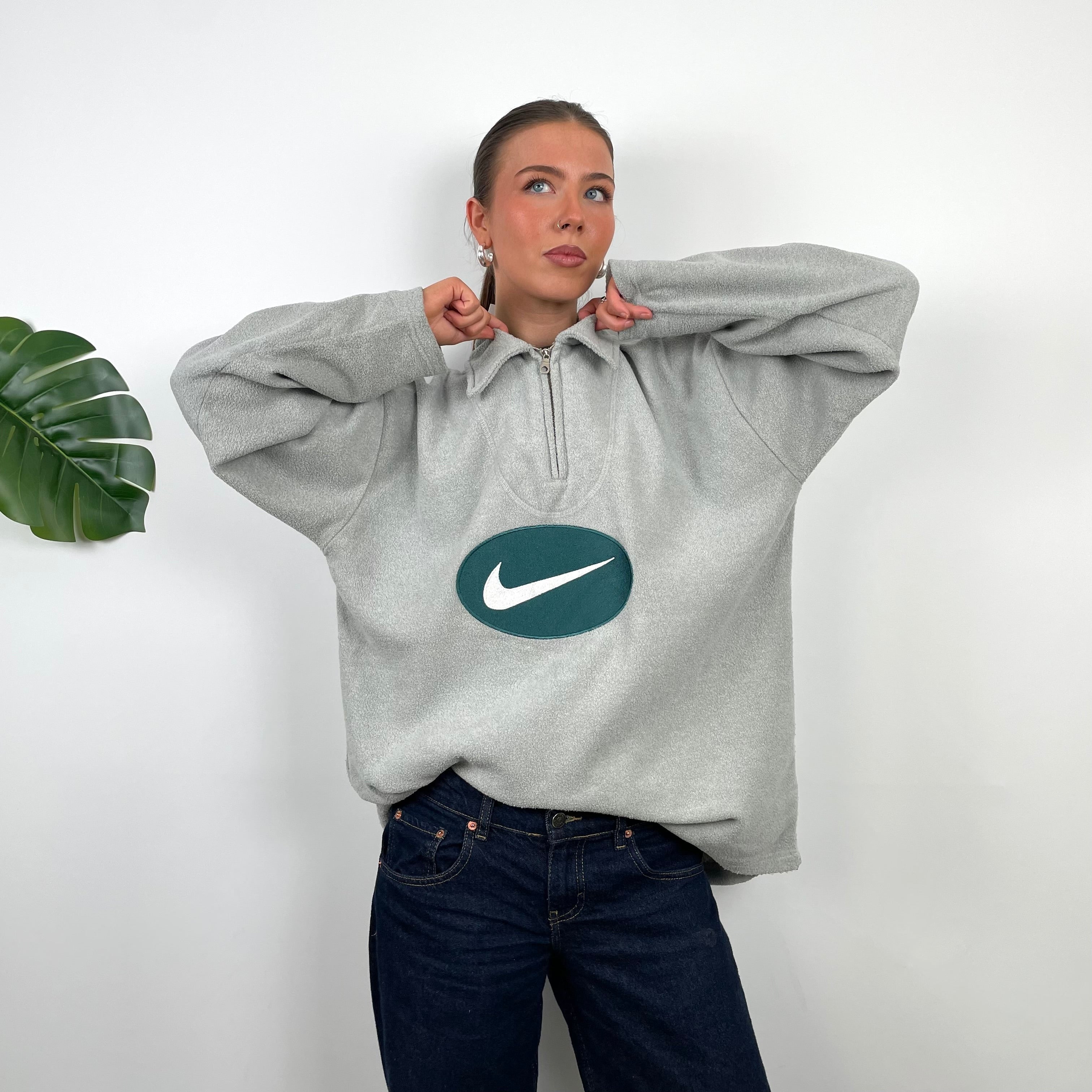 Nike Grey Embroidered Swoosh Teddy Bear Fleece Quarter Zip Sweatshirt (L)