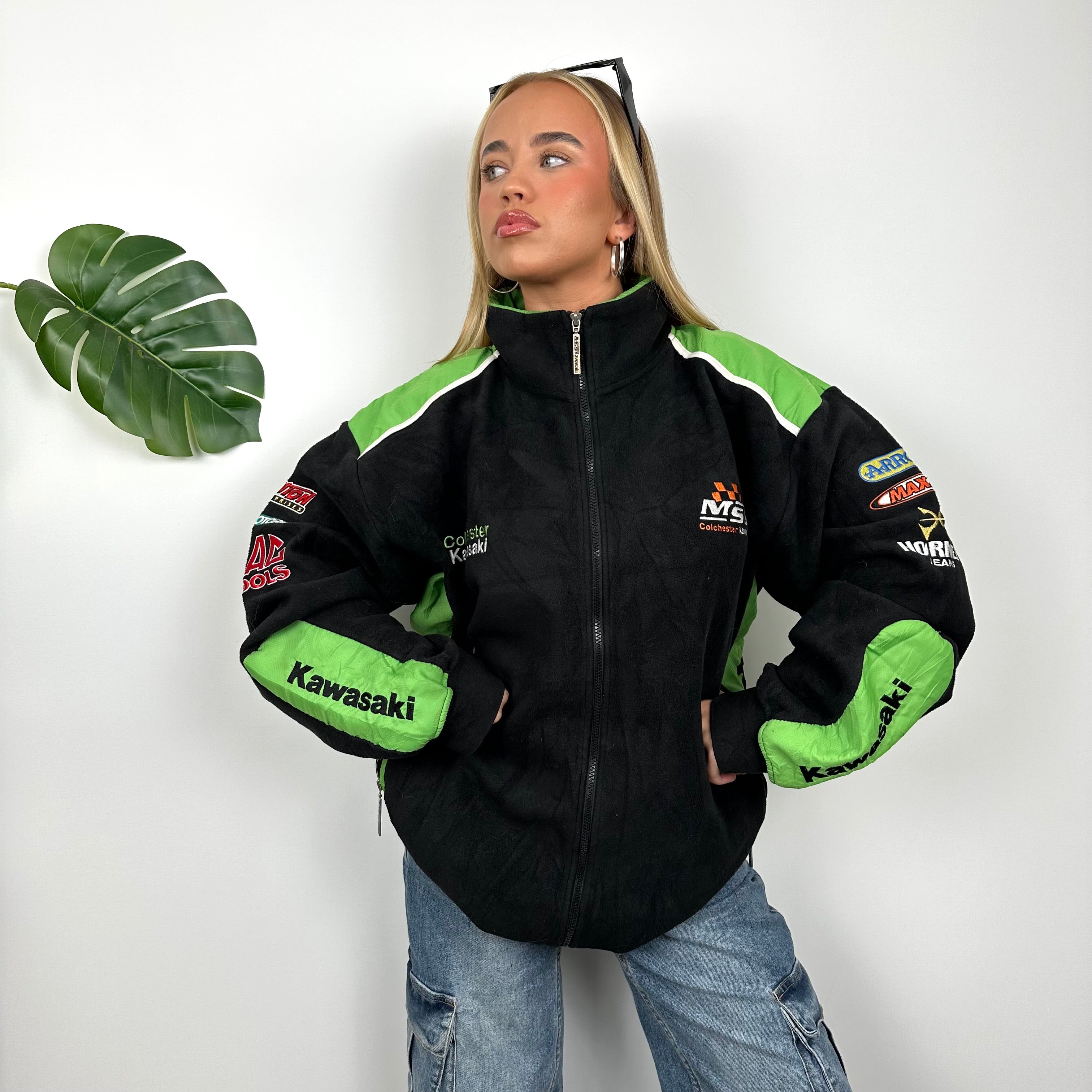 Kawasaki Racing RARE Black Embroidered Spell Out Zip Up Fleece (XXL)