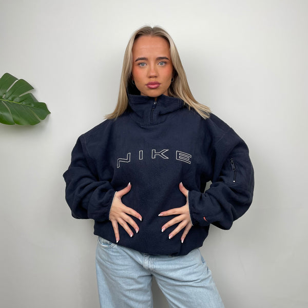 Nike Navy Embroidered Spell Out Teddy Bear Fleece Quarter Zip Sweatshirt (L)