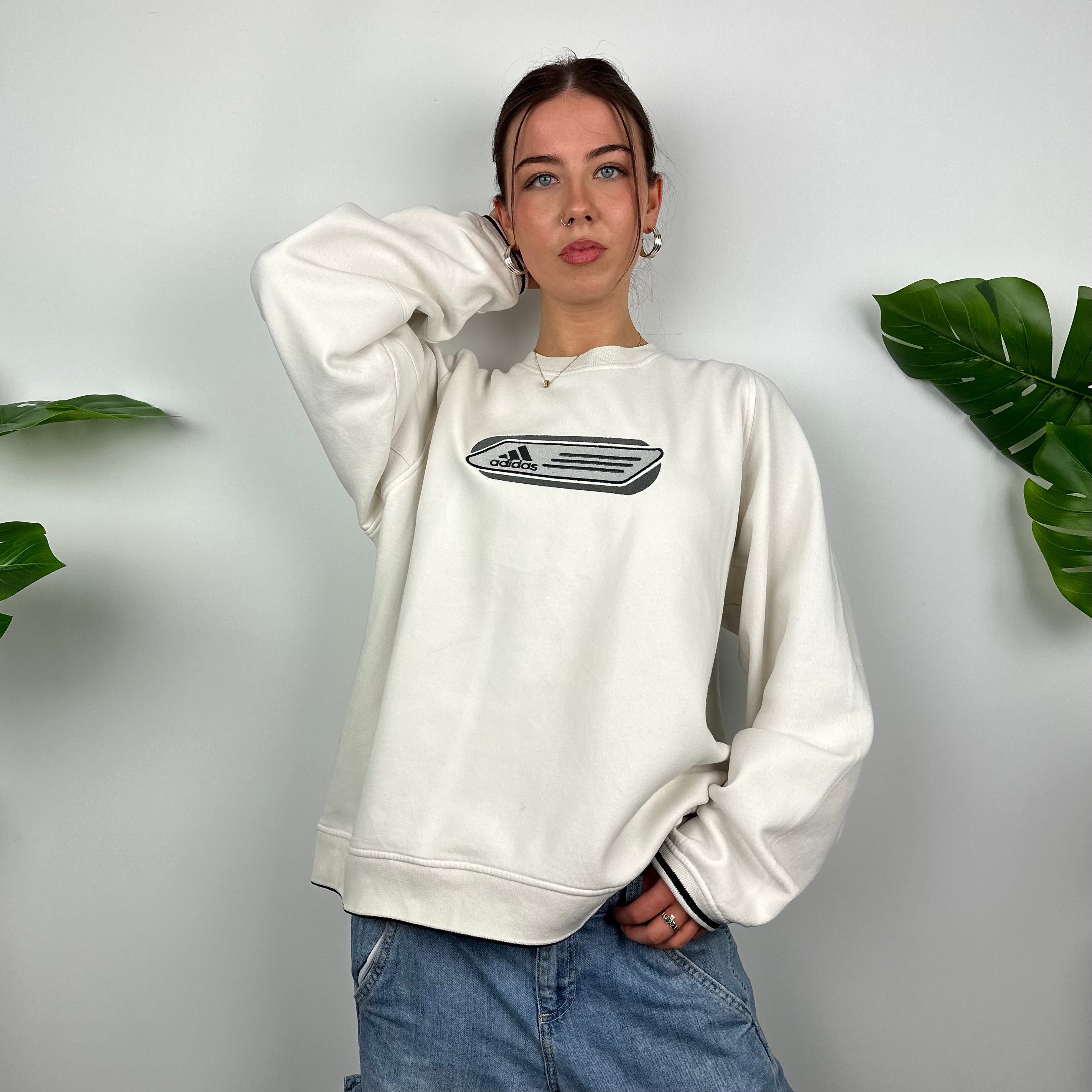 Adidas White Embroidered Spell Out Sweatshirt (L)