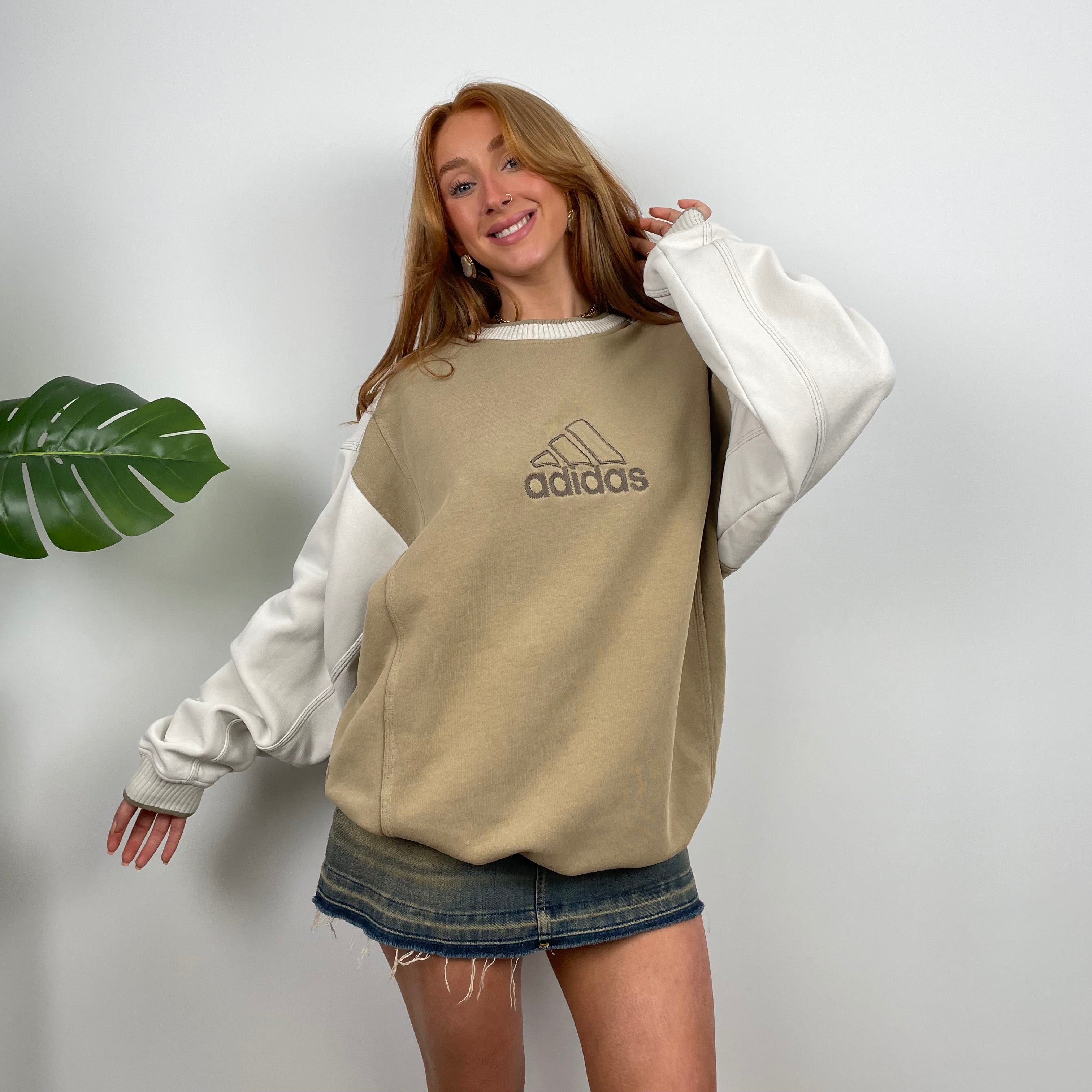 Adidas Cream and Tan Brown Embroidered Spell Out Sweatshirt (M)