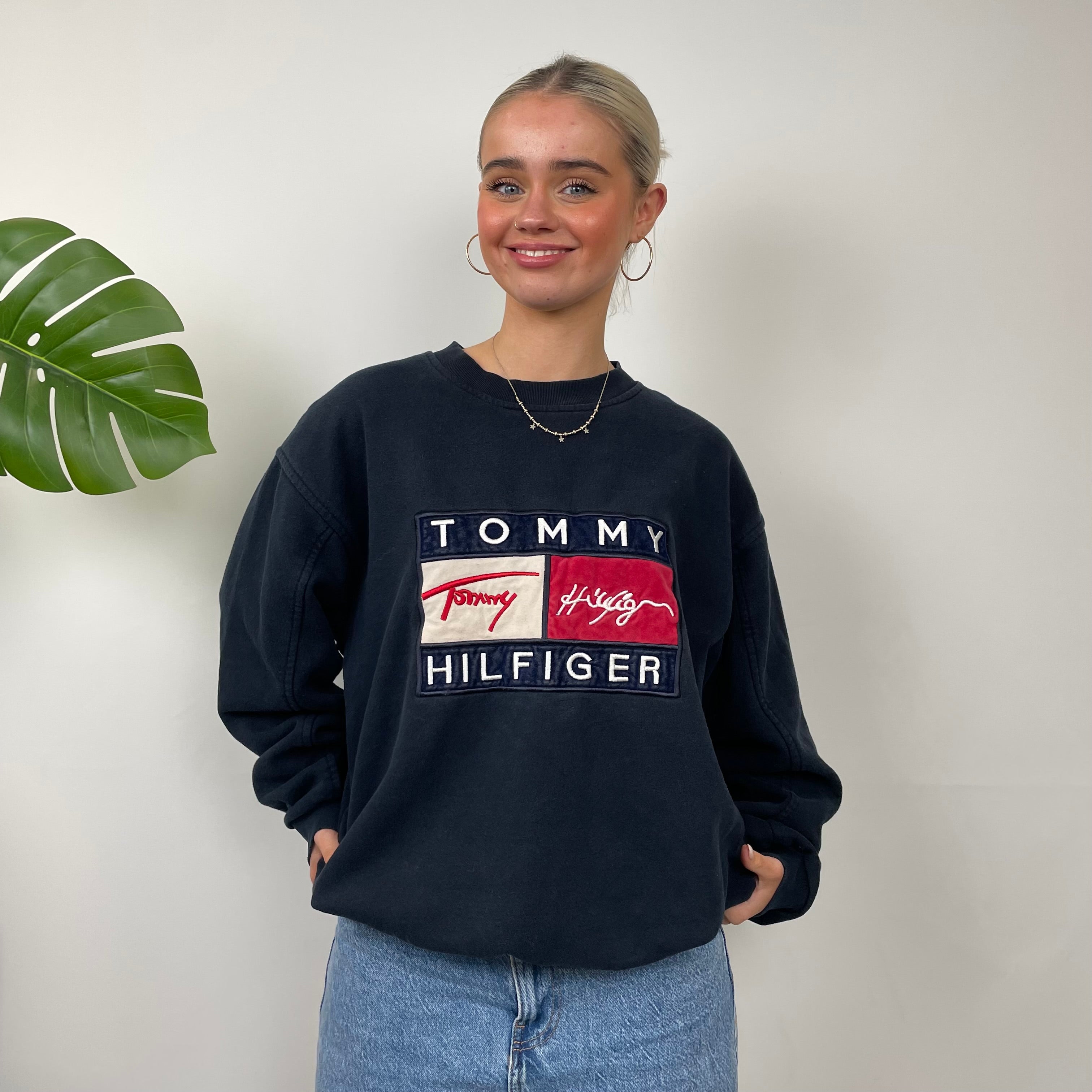 Tommy Hilfiger RARE Navy Embroidered Spell Out Sweatshirt (M)