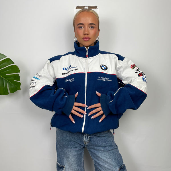 BMW Racing Blue Embroidered Spell Out Zip Up Teddy Bear Fleece Zip Up Jacket (XL)