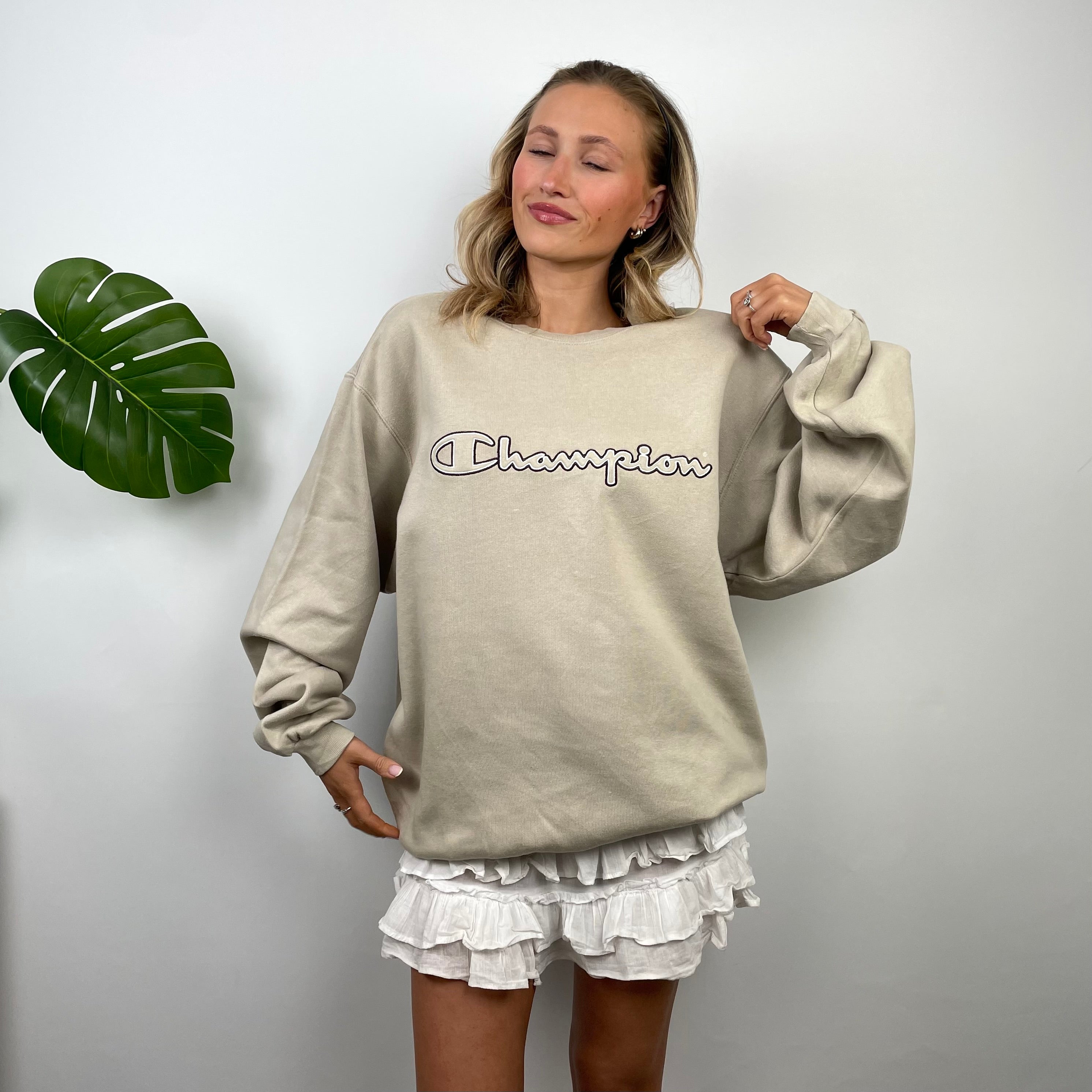 Champion RARE Tan Embroidered Spell Out Sweatshirt