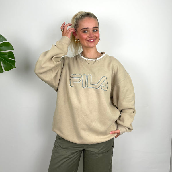 FILA Cream Embroidered Spell Out Sweatshirt (L)