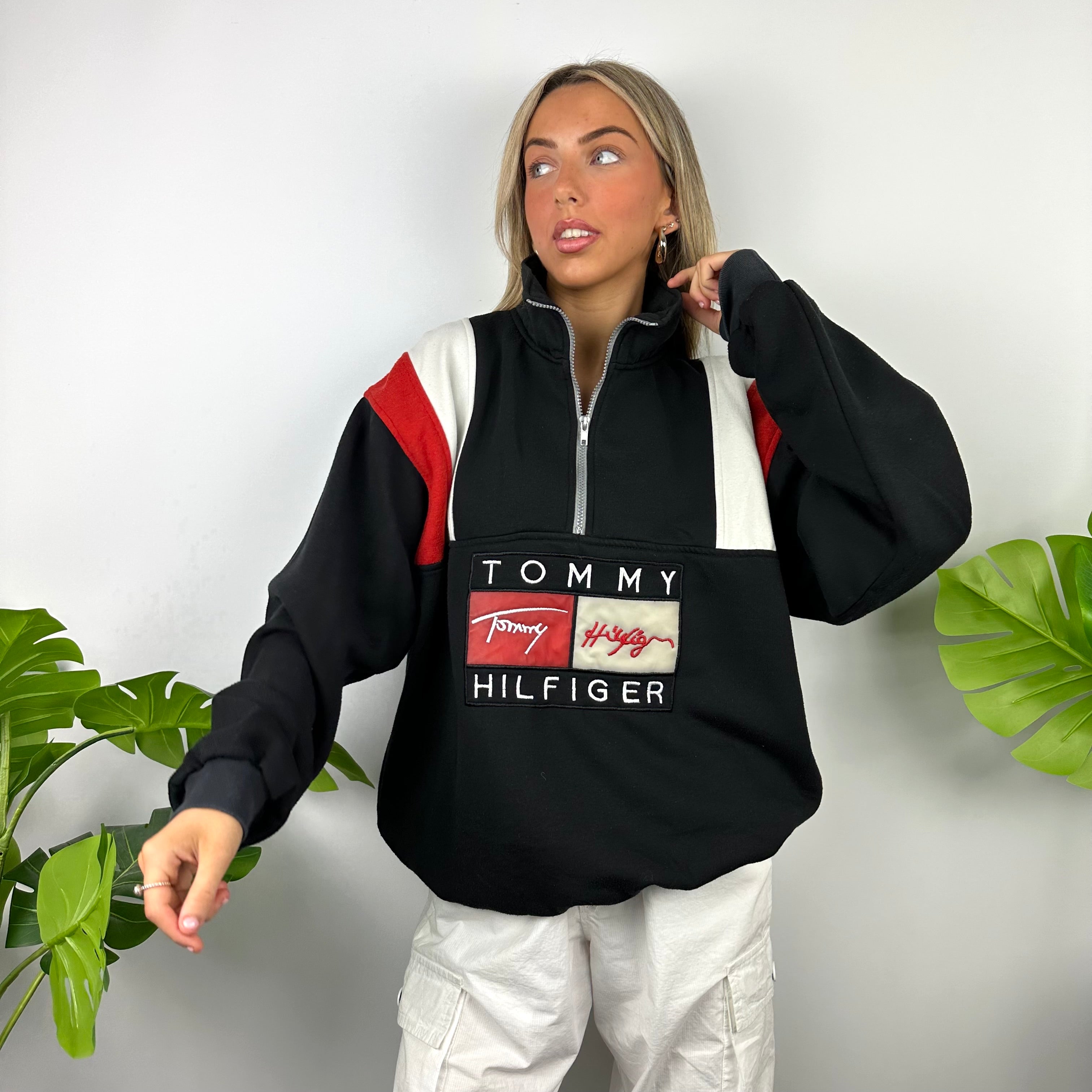 Tommy Hilfiger Black Embroidered Spell Out Quarter Zip Sweatshirt as worn by Annalivia Hynds (XL)