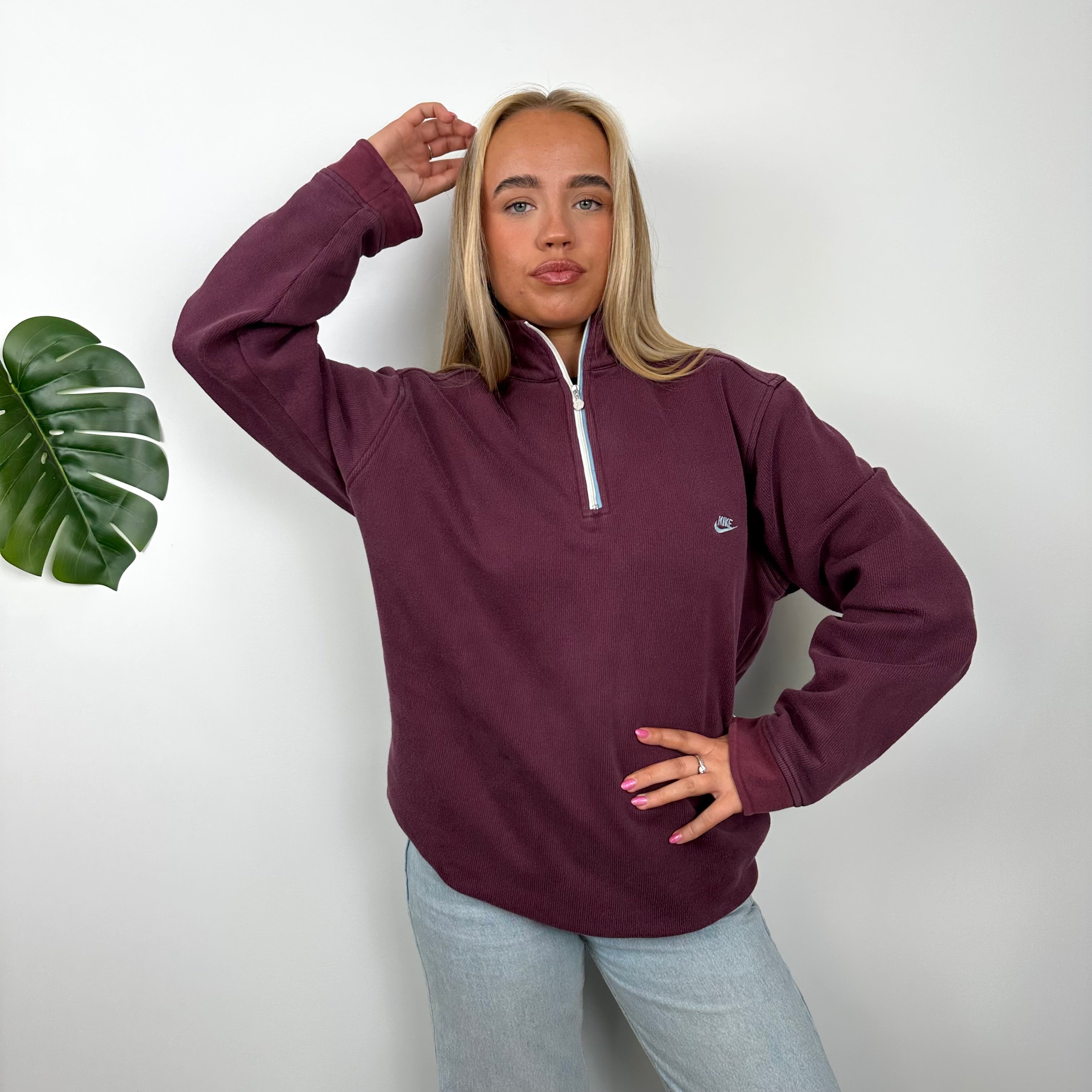 Nike Maroon Embroidered Spell Out Quarter Zip Sweatshirt (M)