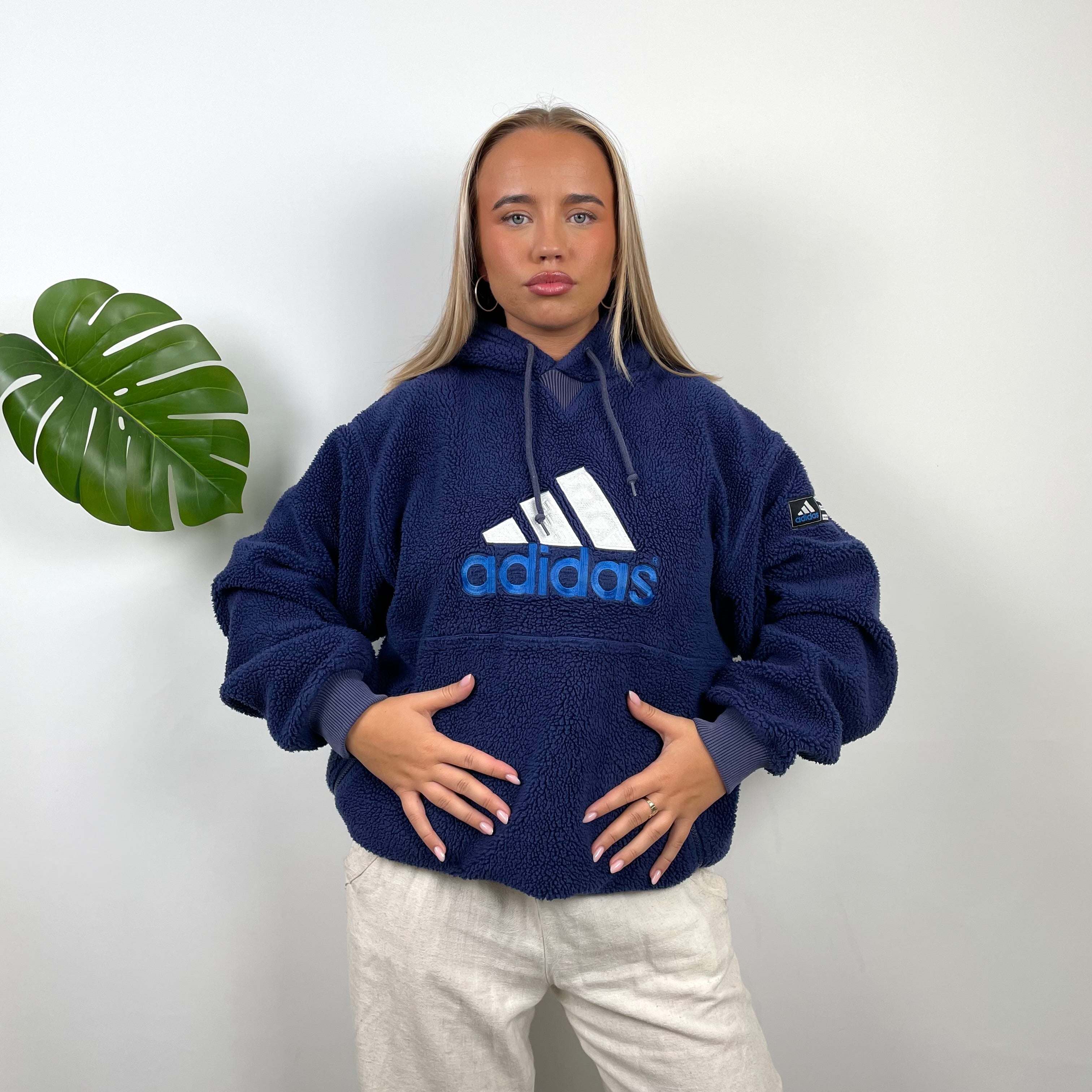 Adidas RARE Navy Embroidered Spell Out Teddy Bear Sherpa Fleece Hoodie (L)