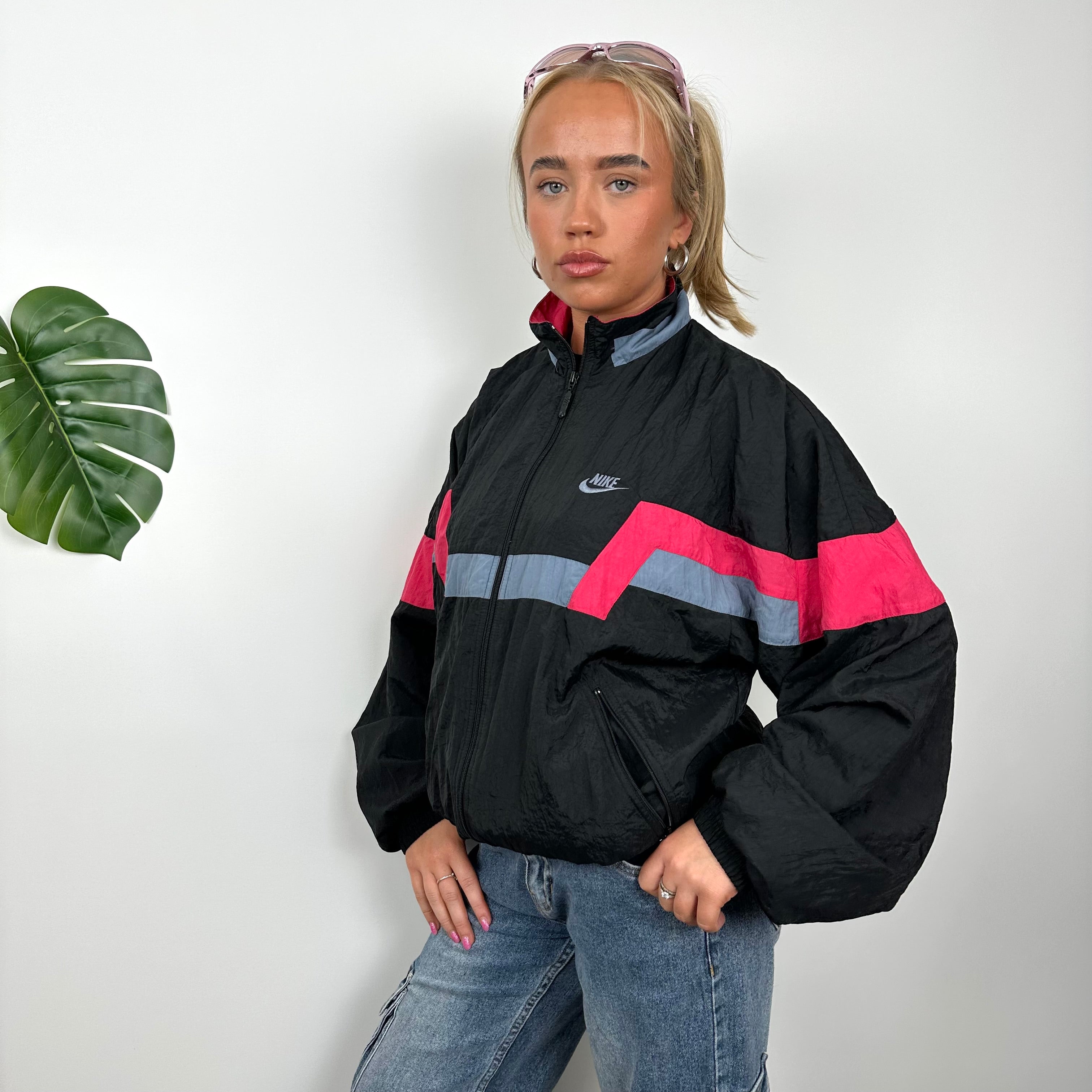 Nike RARE Black Embroidered Swoosh Windbreaker Jacket (S)