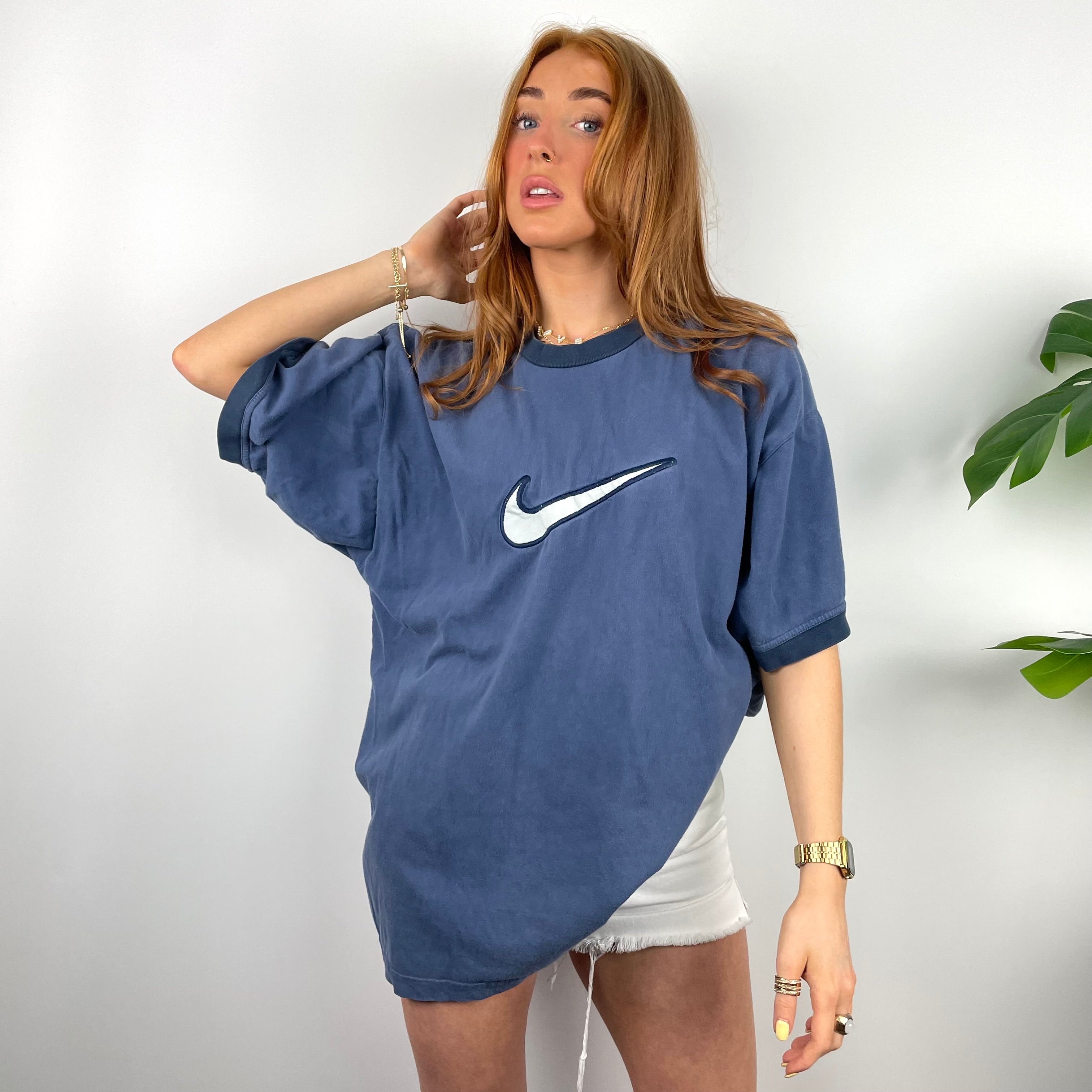 Nike RARE Navy Embroidered Swoosh T Shirt (XL)