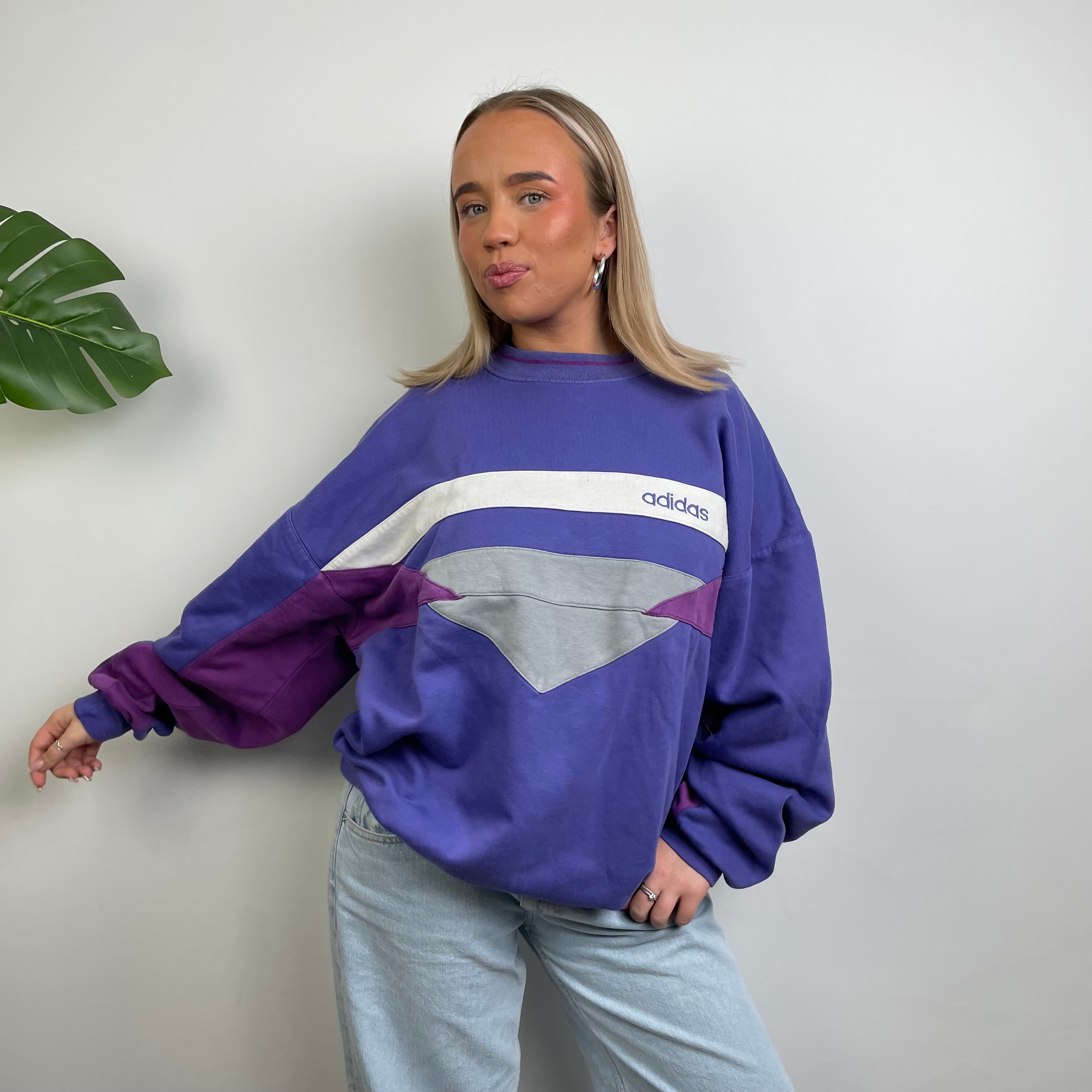 Adidas Blue Colour Block Embroidered Spell Out Sweatshirt (L)