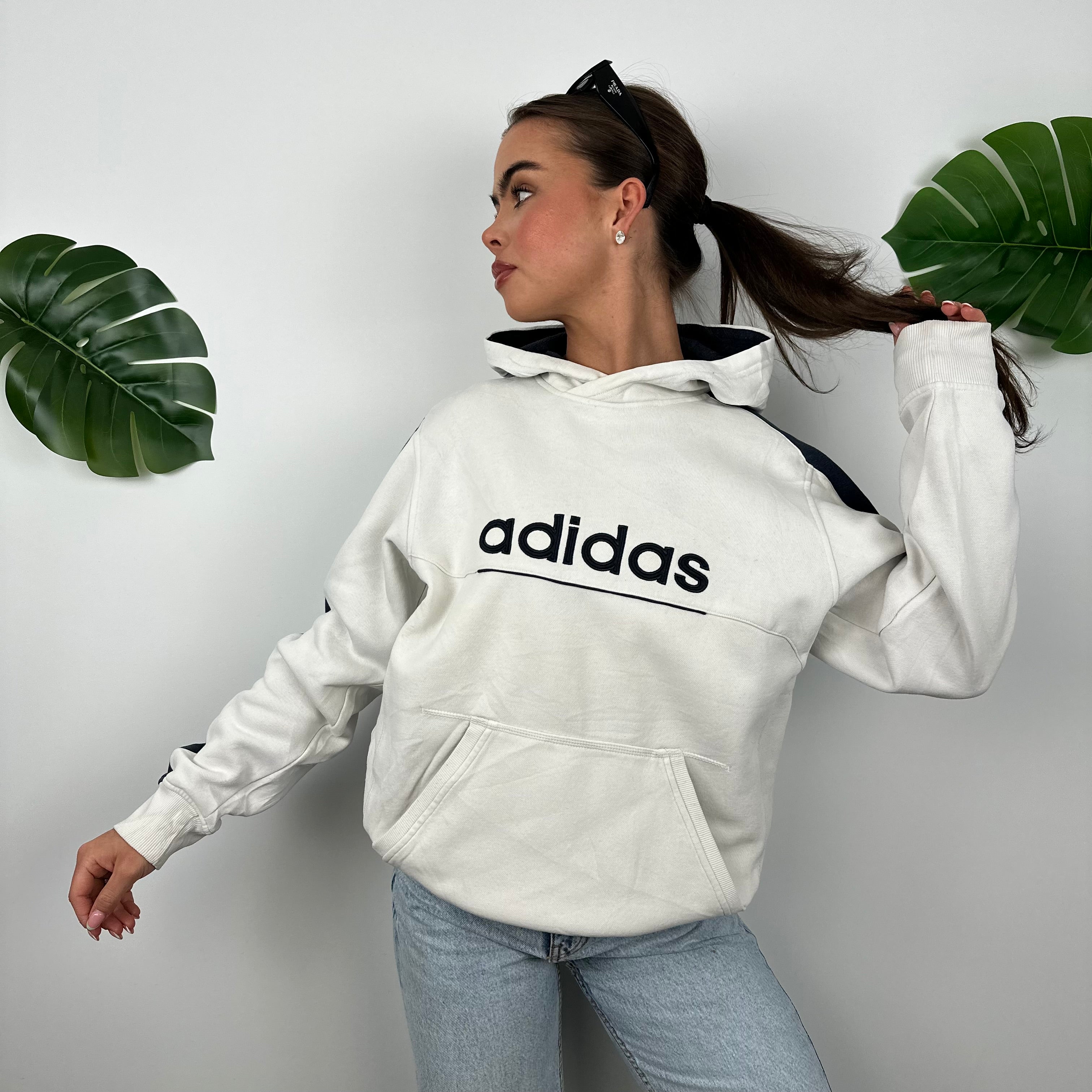 Adidas White Embroidered Spell Out Hoodie (M)