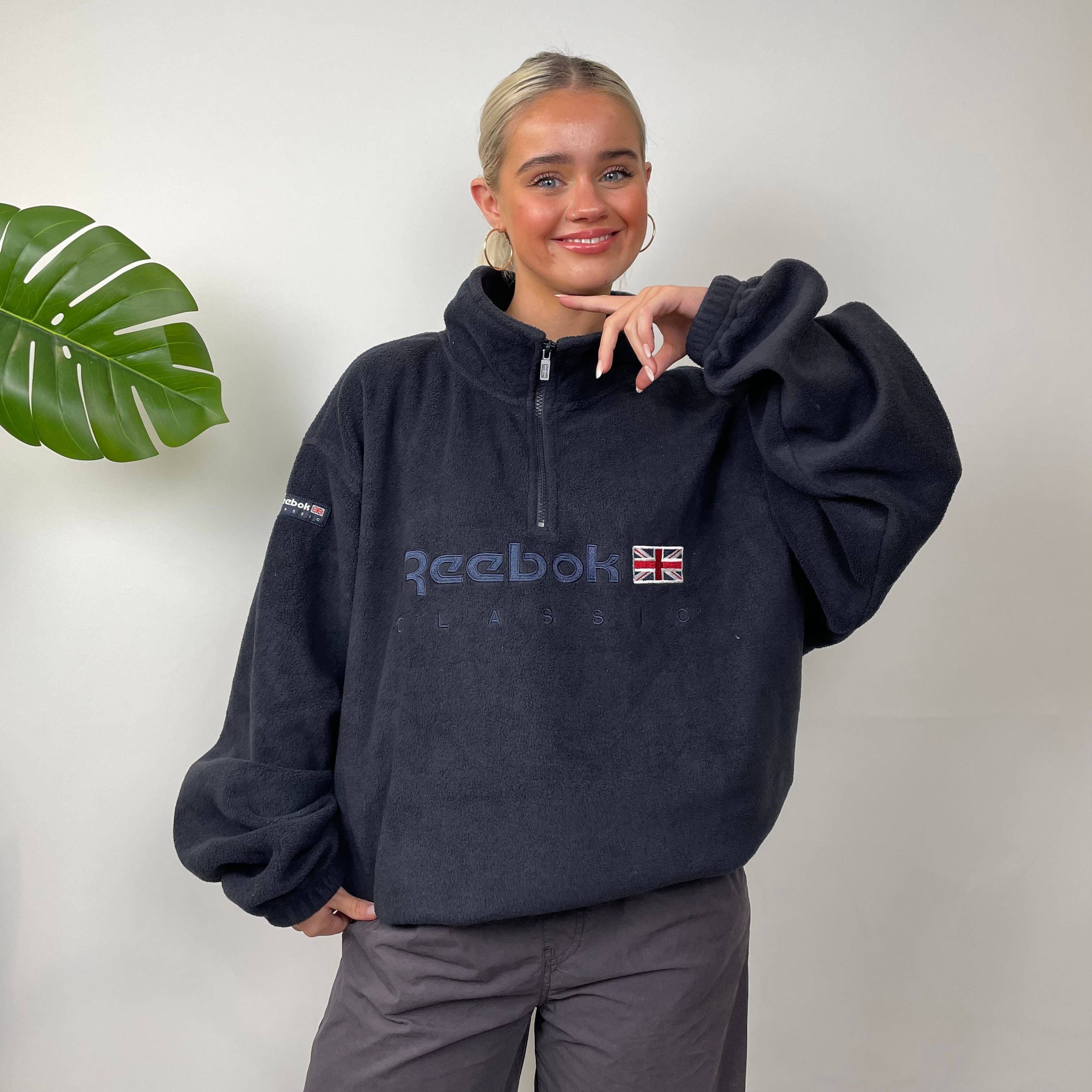 Reebok RARE Navy Embroidered Spell Out Teddy Bear Fleece Quarter Zip Sweatshirt (XXL)