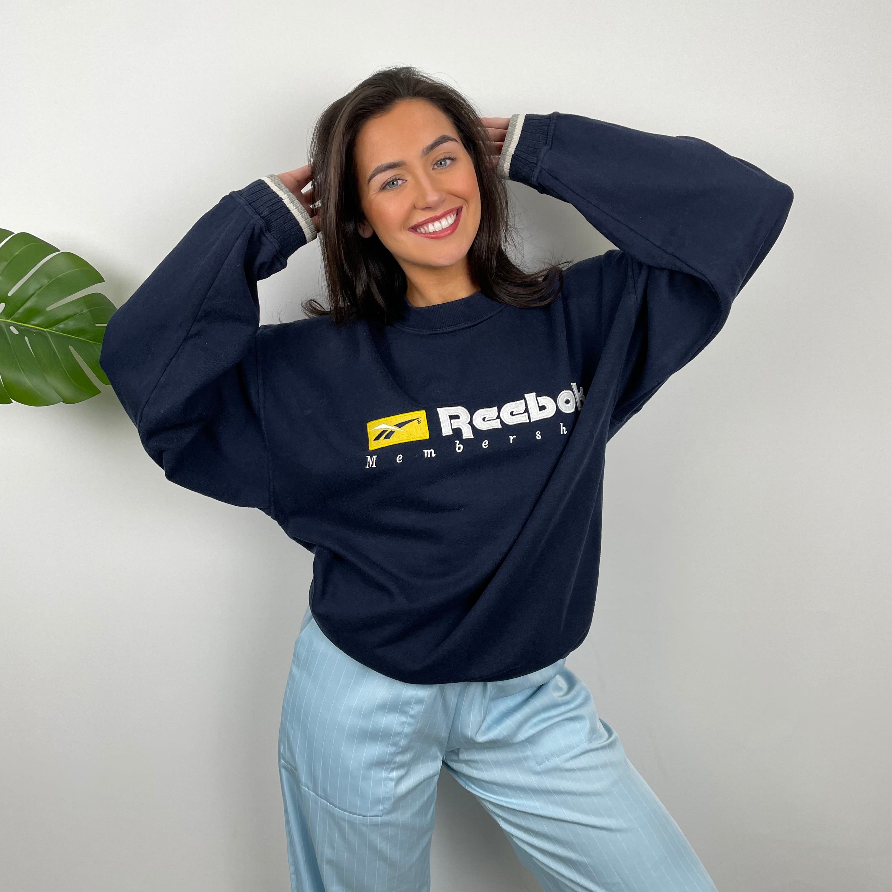 Reebok Membership RARE Navy Embroidered Spell Out Sweatshirt (XL)