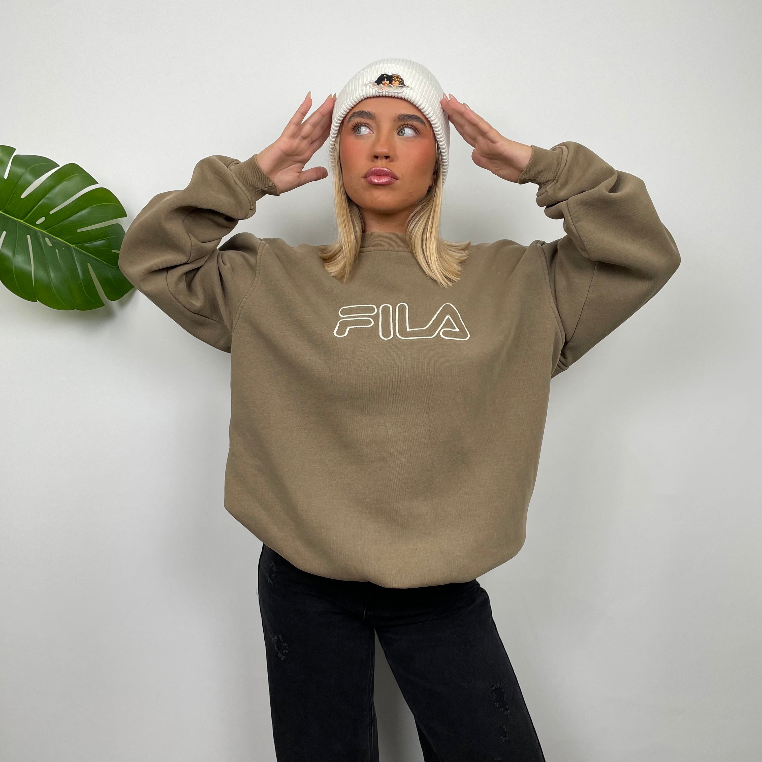 FILA Tan Brown Embroidered Spell Out Sweatshirt (L)